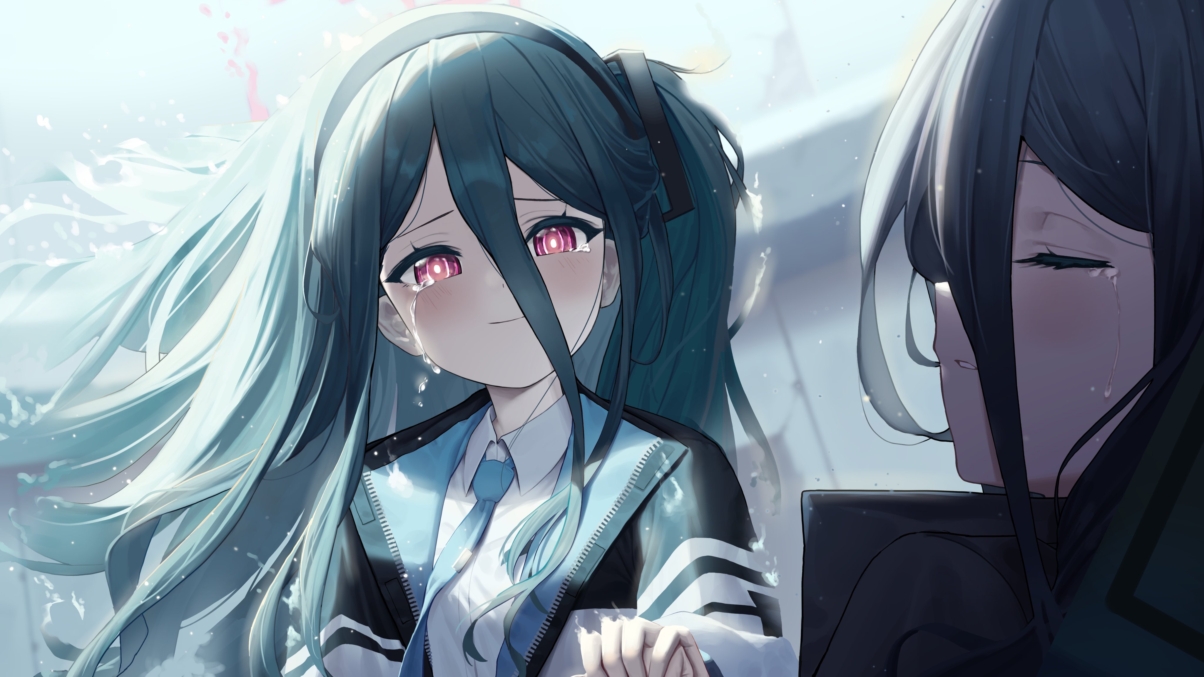 Anime 4096x2304 anime girls Tendou Alice Blue Archive long hair red eyes anime games video game characters hair between eyes crying schoolgirl school uniform sunlight closed mouth closed eyes jacket open jacket headband smiling parted lips Surps