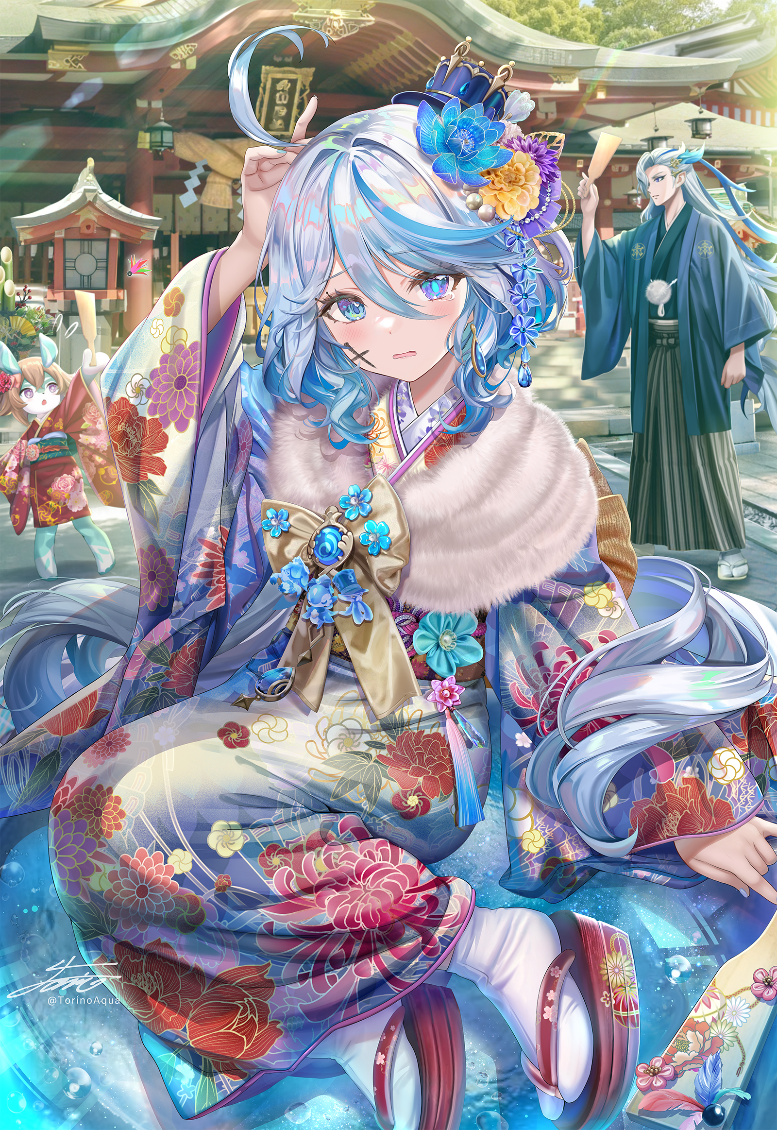 Anime 1600x2326 anime anime girls Furina (Genshin Impact) Genshin Impact Pixiv Torino Akua blue hair two tone hair blue eyes mismatched pupils kimono Neuvillette (Genshin Impact) hair between eyes blushing hair ornament fur trim watermarked signature floral fur ahoge looking at viewer sitting Sedene (Genshin Impact) heterochromia blue nails wide sleeves long hair Asian architecture bubbles architecture parted lips