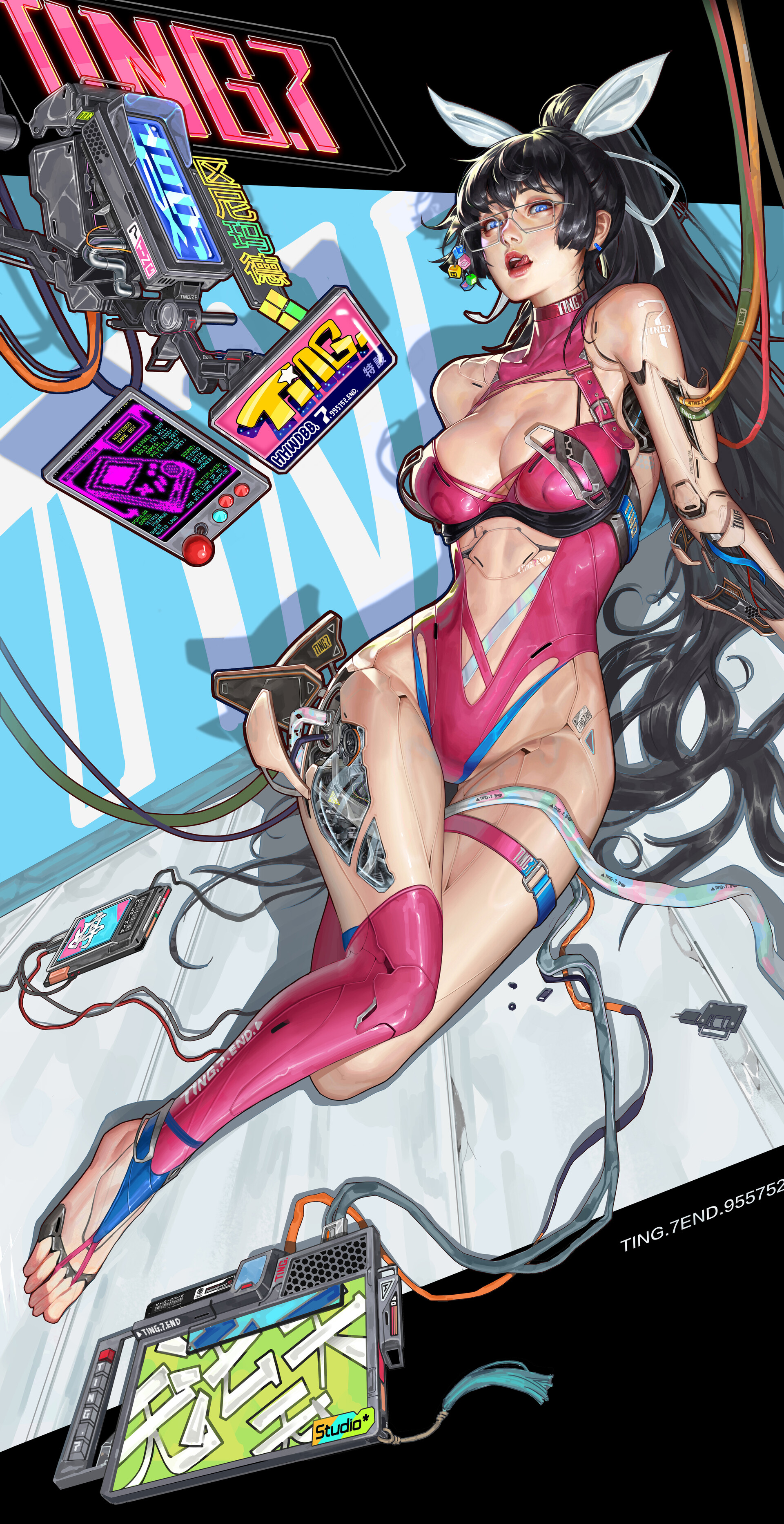 General 1920x3729 Zhongguo Duliu drawing women glasses portrait display digital art androids looking at viewer wires bare shoulders long hair tongue out women with glasses boobs tongues ponytail open mouth black hair blue eyes sign kanji Cyborg Girl technology cleavage controllers hair between eyes skinny