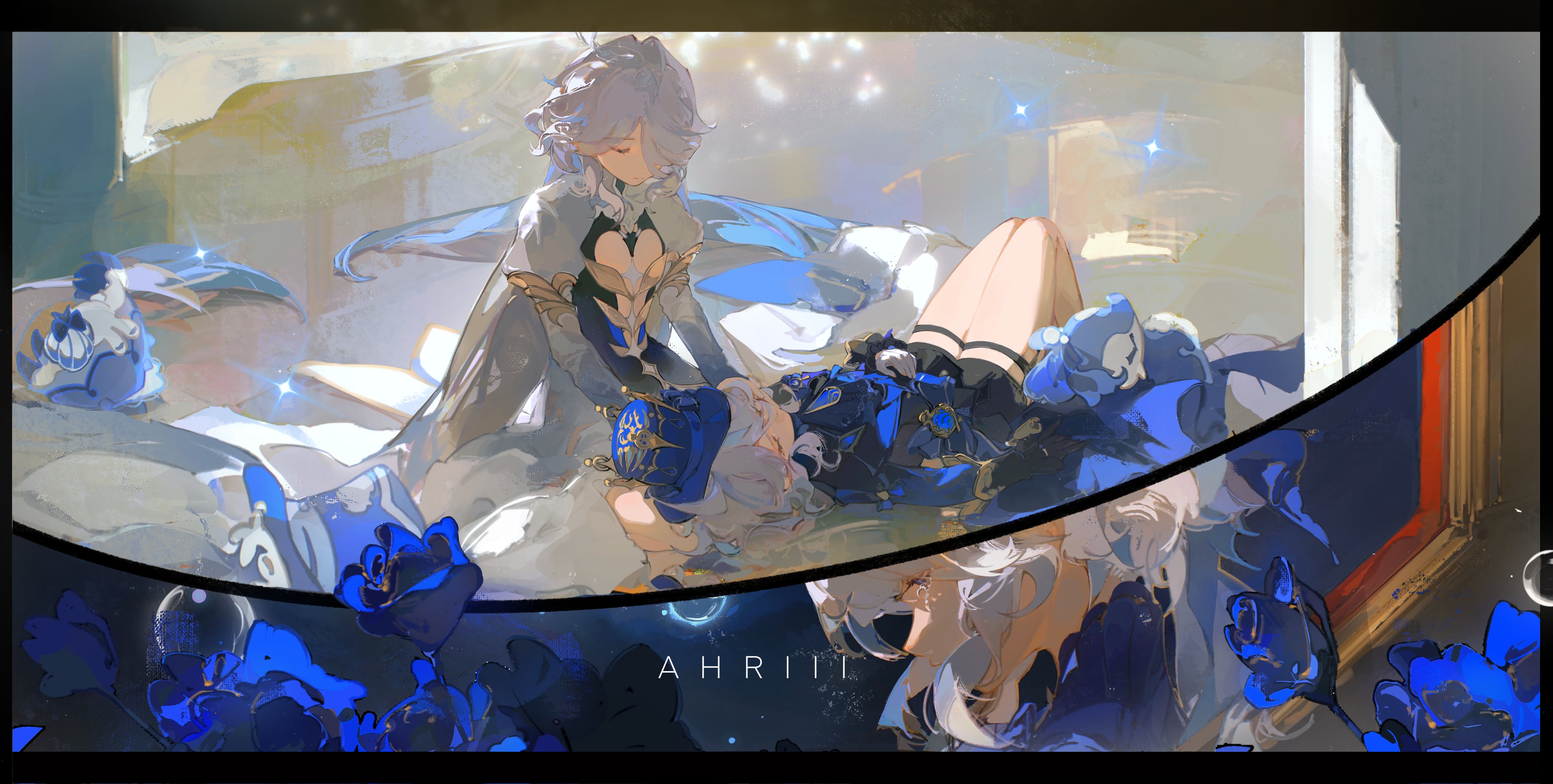 Anime 4096x2069 anime anime girls Furina (Genshin Impact) Genshin Impact top hat two tone hair blue hair closed mouth closed eyes Ahriii7 mismatched gloves lying down lying on back thighs together bent legs outdoors women outdoors short hair gloves hat tears particle flowers hair over one eye