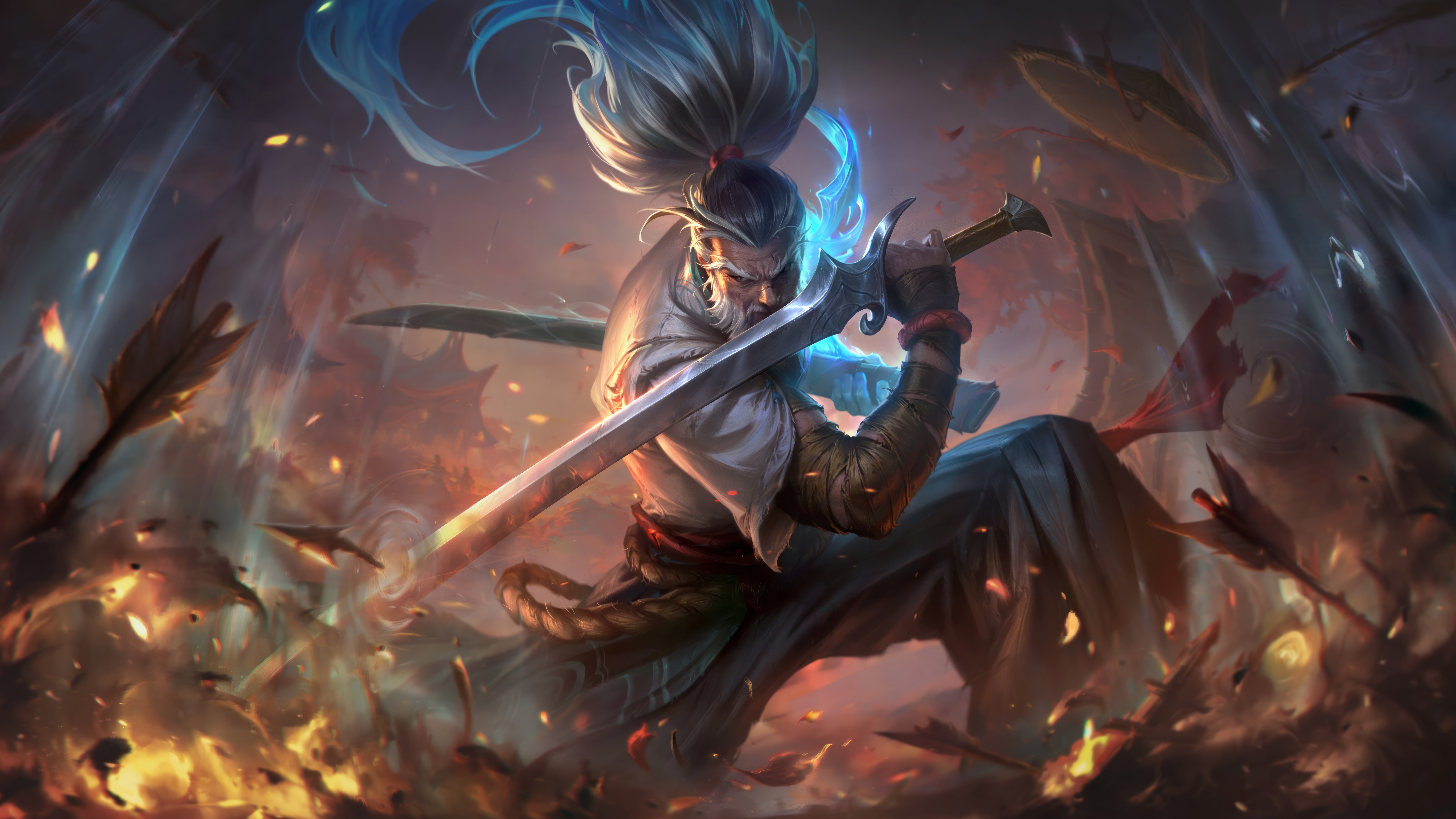 General 7680x4320 Yasuo (League of Legends) digital art Riot Games GZG video games League of Legends 4K video game art weapon video game men sword video game characters arrows long hair white hair