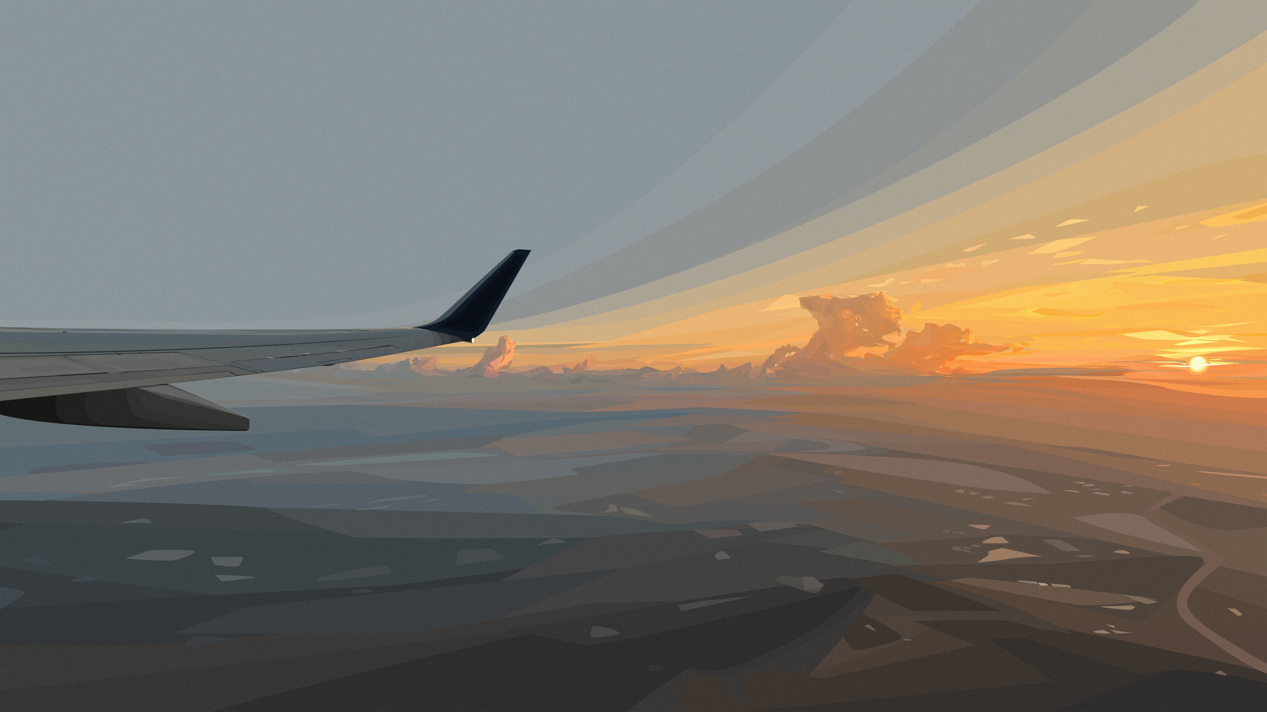 General 4096x2304 Dylan Wade digital art artwork illustration airplane clouds sky Sun airplane wing sunset sunset glow sunlight