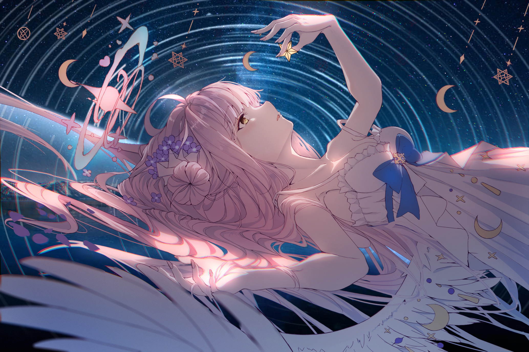Anime 2067x1378 anime anime girls Misono Mika Blue Archive lying down lying on back long hair pink hair yellow eyes angel wings crescent moon stars parted lips dress flower in hair hairbun