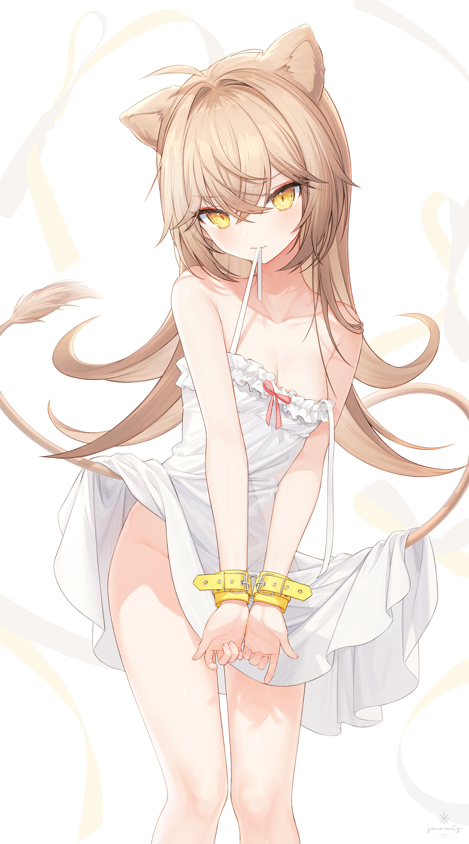 Anime 1500x2700 anime anime girls cat girl yellow eyes white dress dress looking at viewer long hair blonde small boobs simple background tail portrait display blushing hair between eyes Snow Is bottomless collarbone handcuffs