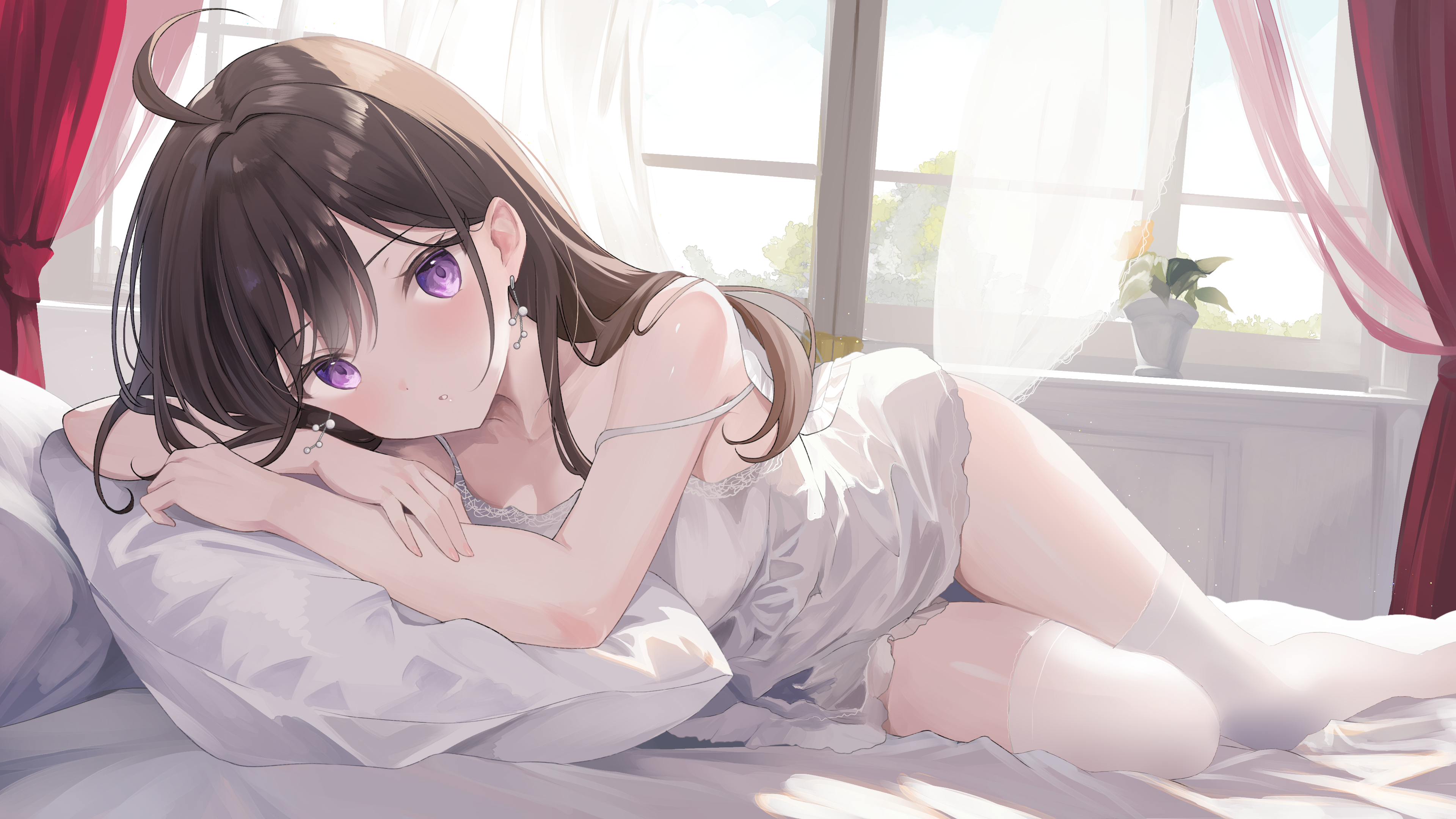 Anime 3840x2160 anime anime girls lying down lying on front window curtains looking at viewer long hair earring purple eyes brunette blushing bed pillow in bed stockings sunlight kurage_cc