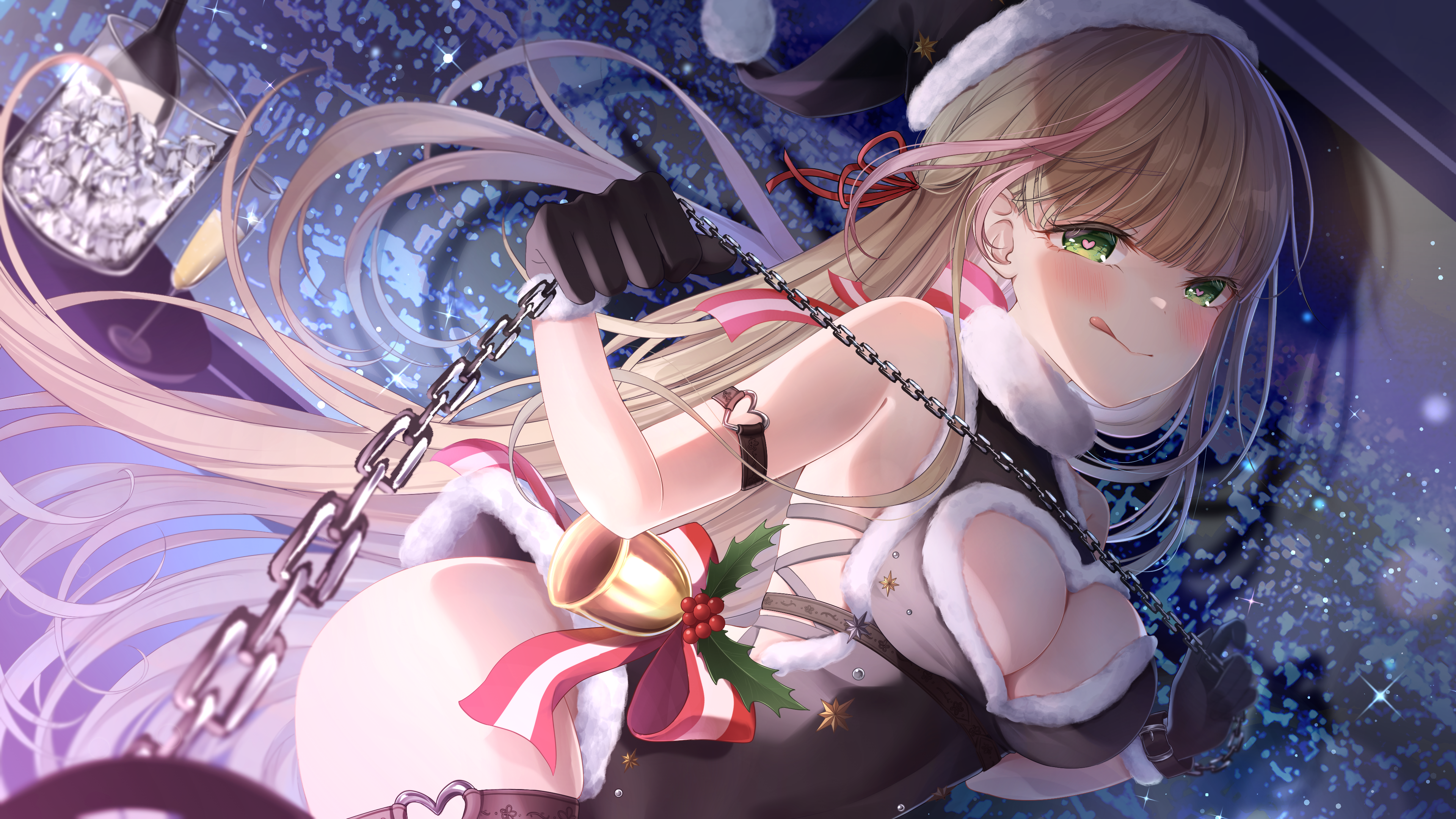 Anime 3840x2160 anime anime girls Virtual Youtuber green eyes heart eyes confidential_y Amano mano (Vtuber) tongue out blushing tongues looking at viewer cleavage big boobs Christmas bare shoulders Santa hats ice cubes champagne table sparkles black gloves gloves cityscape city cleavage cutout thighs bangs bells bow tie glass bottle Christmas clothes night chains