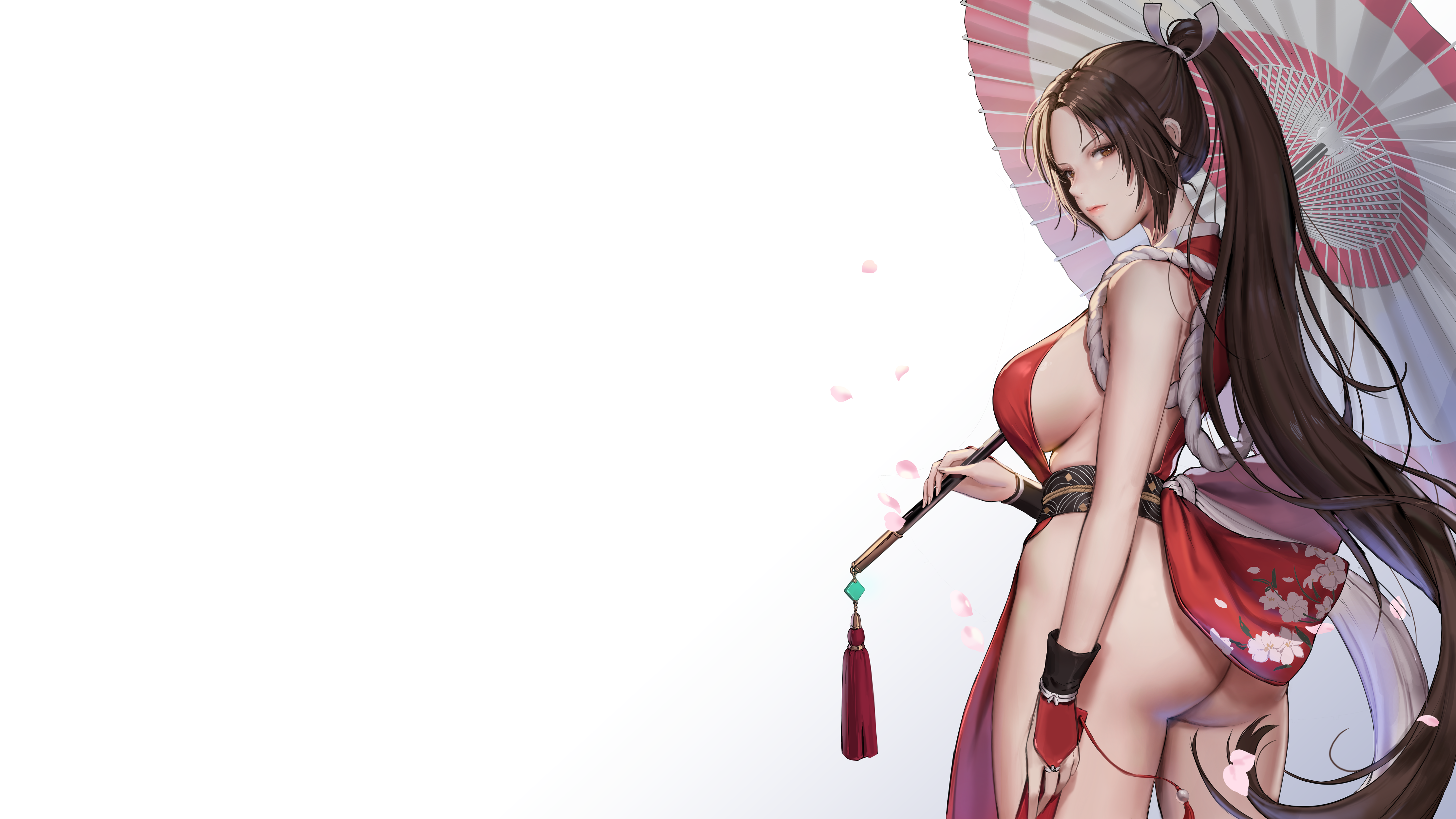 Anime 4444x2500 Mai Shiranui King of Fighters SNK Fatal Fury fighting games video game girls ninja girl ninjas Kunoichi ponytail brunette sideboob boobs big boobs flowers floral ass wide hips large hips long hair bangs blunt bangs belt simple background white background ropes armlet bracelets brown eyes makeup eyelashes long eyelashes fingernails nails painted nails petals cherry blossom armpits gloves fingerless gloves ribbon video games parasol