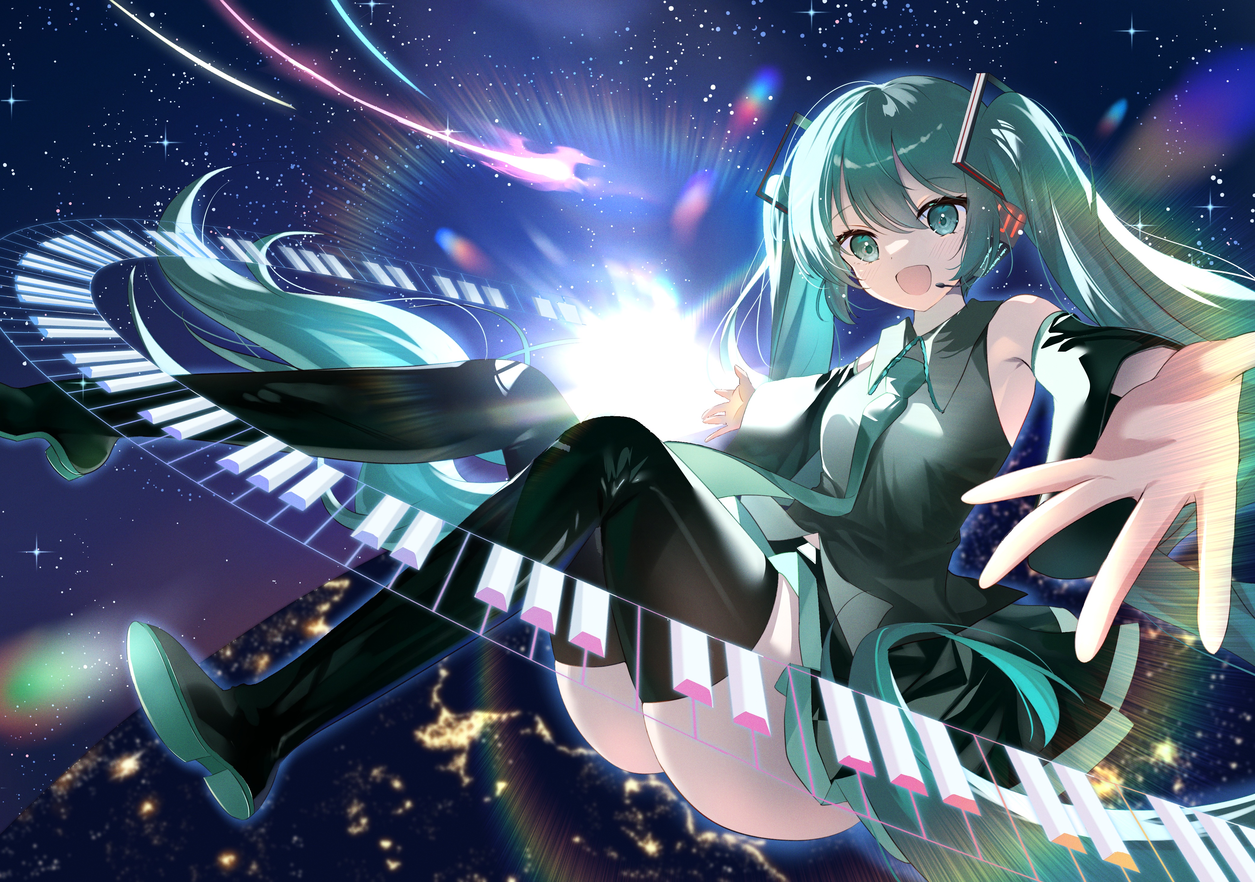 Anime 4175x2935 anime anime girls Hatsune Miku Vocaloid arms reaching keyboards open mouth long hair blue hair blue eyes detached sleeves skirt black thigh highs stars thigh-highs sleeveless bare shoulders twintails headsets sparkles shoe sole tie frills hair between eyes smiling bent legs
