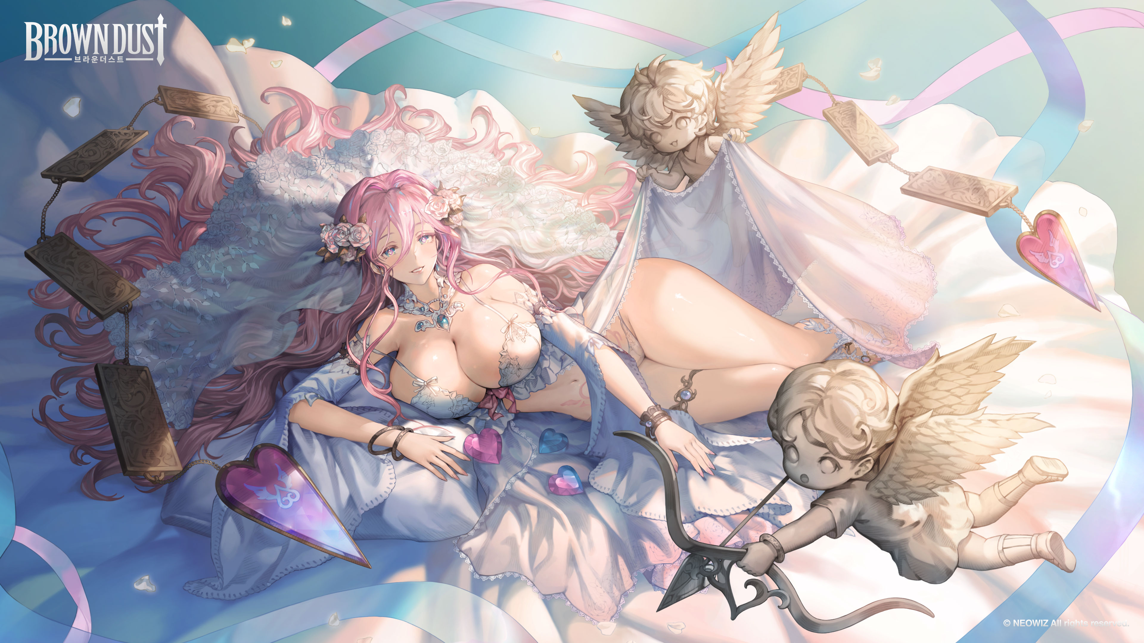 Anime 3840x2160 anime anime girls Brown Dust cleavage huge breasts long hair looking at viewer Korean hair between eyes pink hair heart eyes flower in hair parted lips bare shoulders lying down lying on side Cupid wings smiling bow and arrow bracelets hair spread out dress thighs together thighs lifting dress gemstones bright