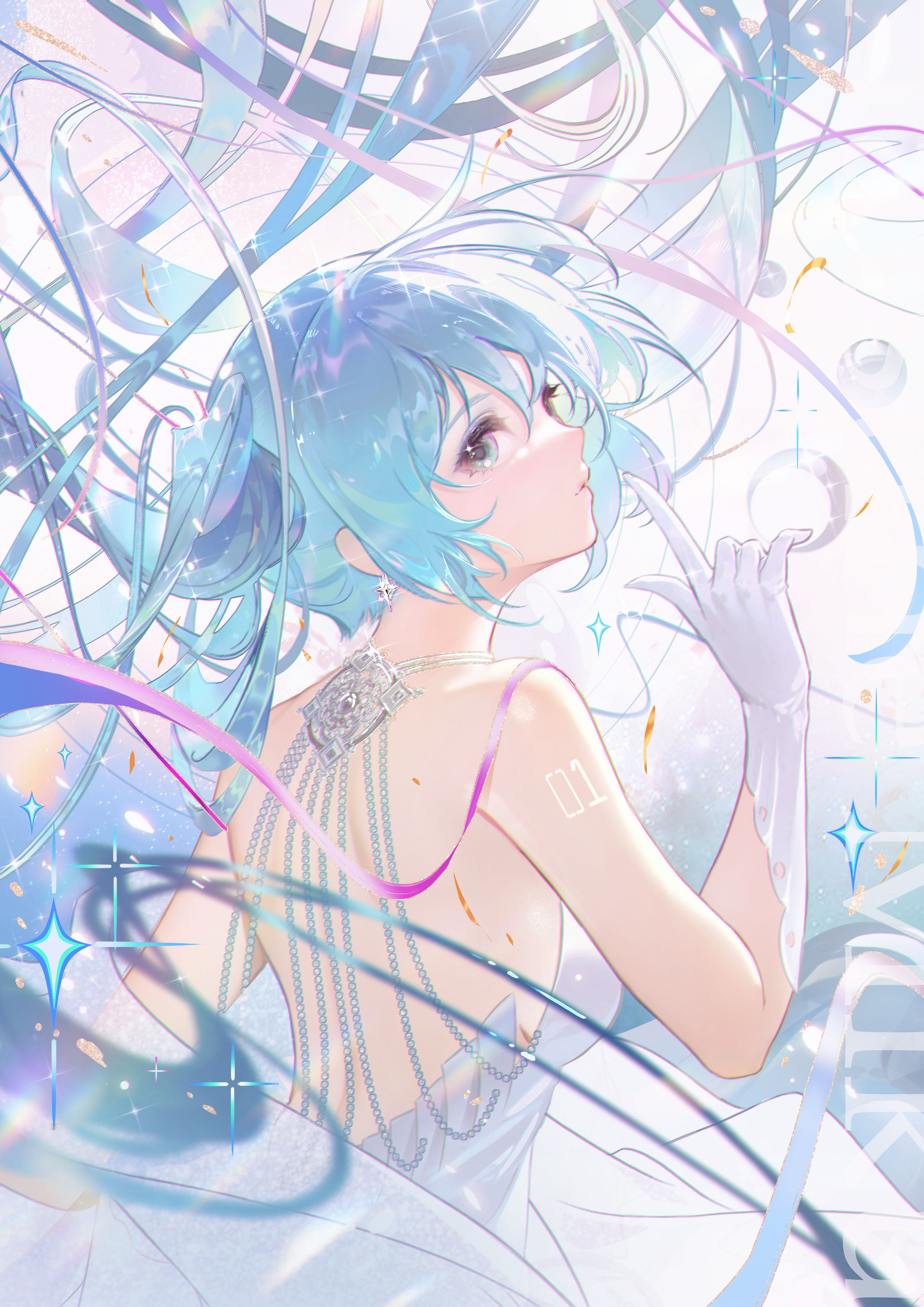 Anime 2480x3508 anime anime girls Hatsune Miku Vocaloid looking at viewer long hair twintails portrait display gloves backless dress jie xiaoming blue eyes looking over shoulder dress blue hair bare shoulders earring backless stars numbers