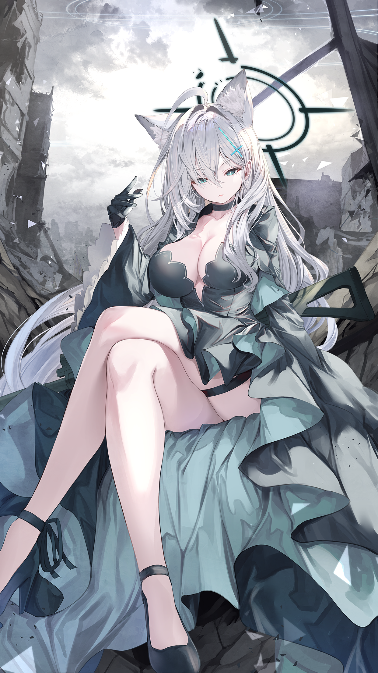 Anime 1242x2208 anime anime girls Shiroko (Blue Archive) Fal Maro Blue Archive portrait display sitting cleavage long hair hair between eyes legs legs crossed big boobs looking at viewer collar mismatched pupils dress hair ornament sky gloves ruins clouds white hair choker outdoors women outdoors wolf ears wolf tail ahoge closed mouth weapon girls with guns gun heels wolf girls