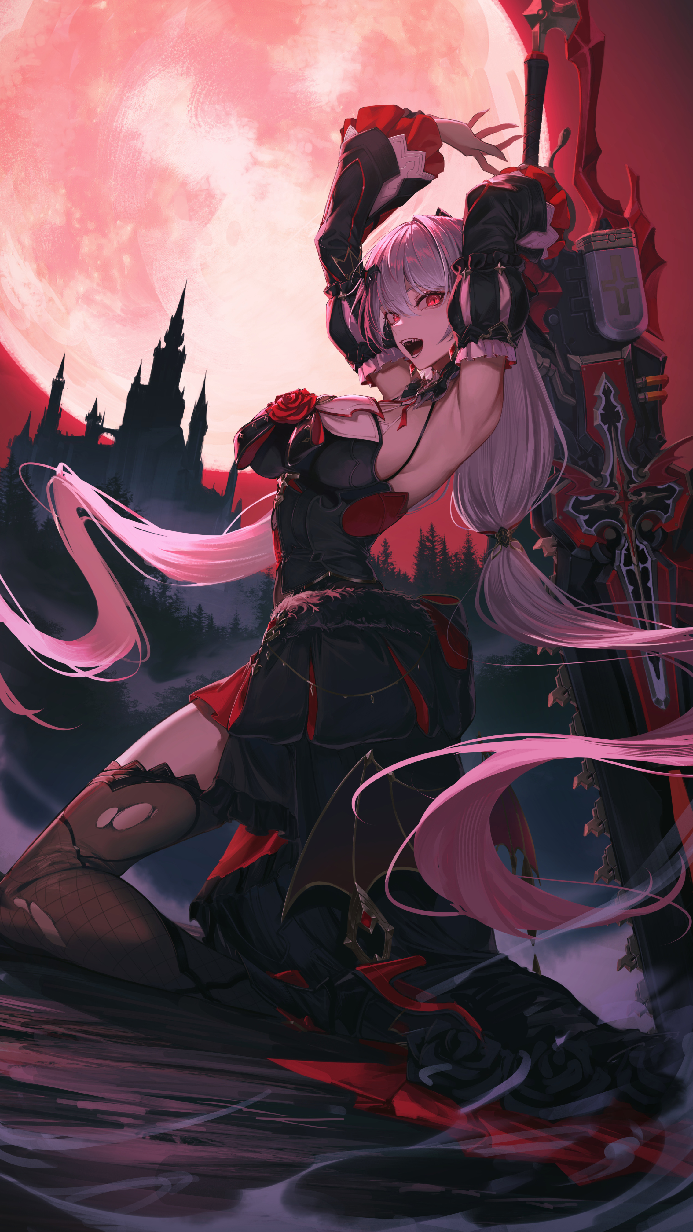 Anime 2268x4032 anime anime girls Honkai Impact 3rd Moon Theresa Apocalypse dress red moon open mouth women with swords castle portrait display red eyes looking at viewer sideboob big boobs armpits trees torn stockings frills night arms up detached sleeves long hair weapon kneeling heels chainsaws twintails vampires vampire girl