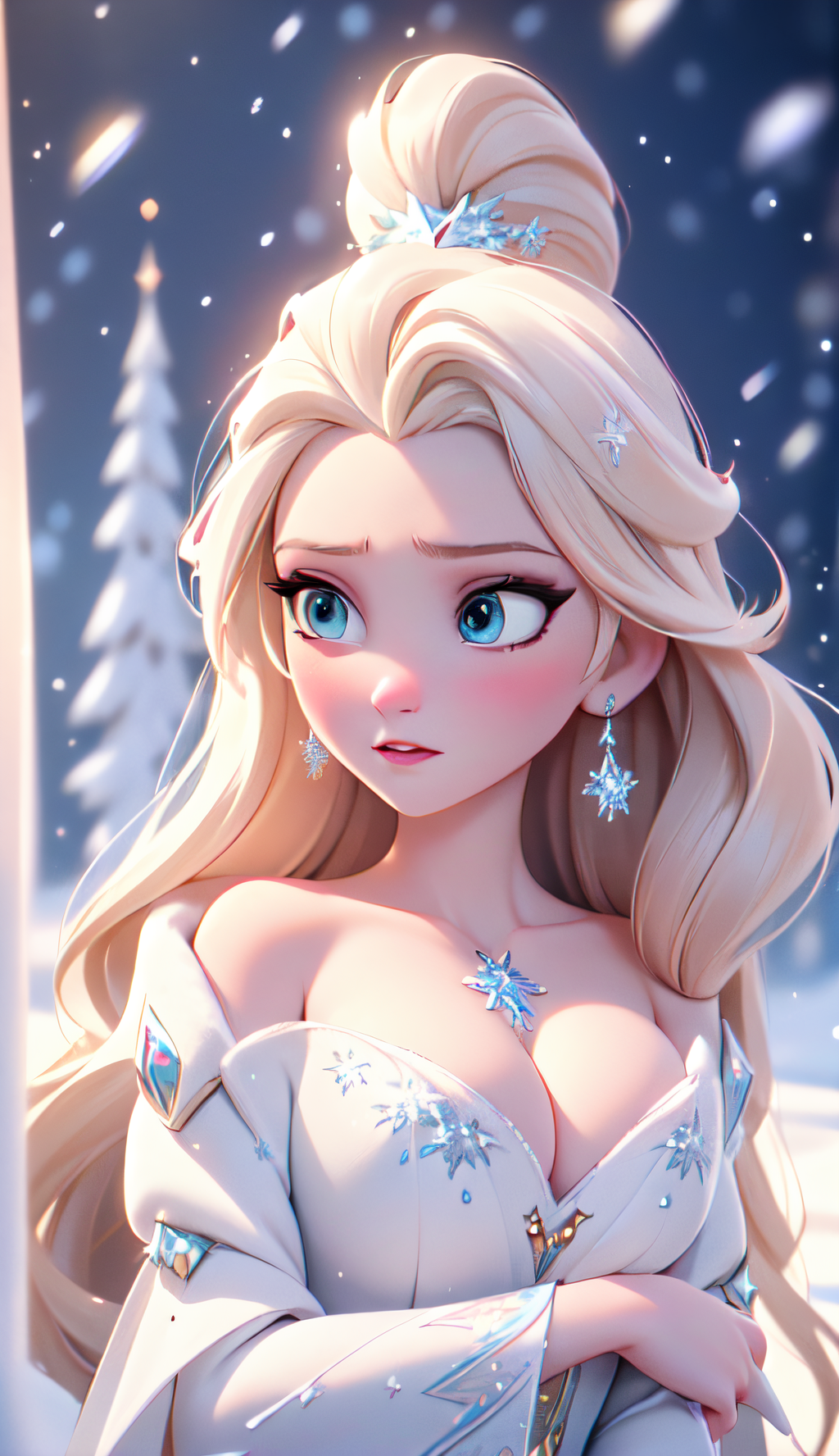 General 1024x1776 snow portrait display necklace pale women boobs Frozen 2 Frozen (movie) AI art looking away outdoors women outdoors cleavage parted lips earring hair ornament snowing trees dress off shoulder bare shoulders Disney princesses Disney digital art