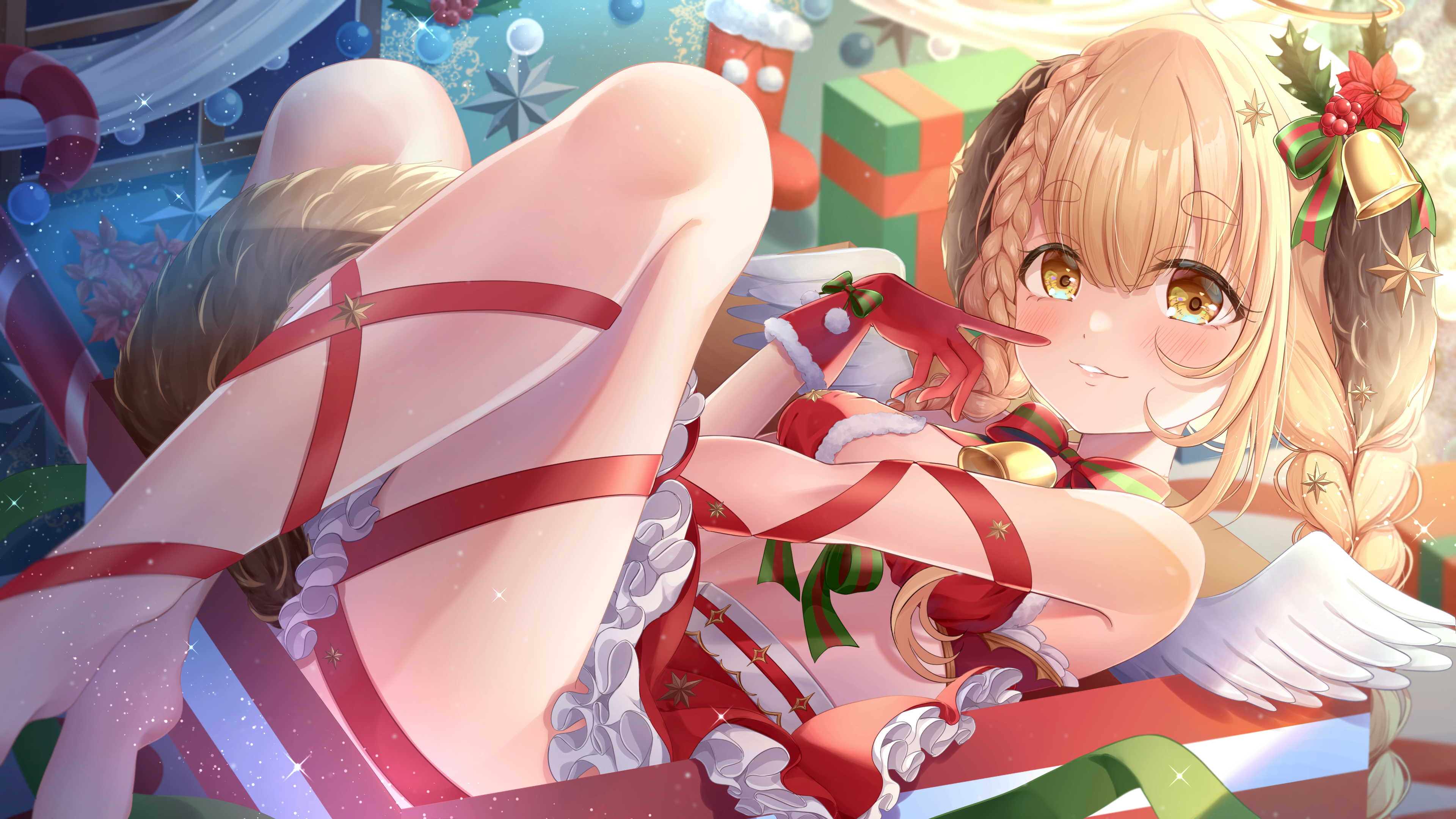 Anime 3840x2160 anime anime girls upskirt confidential_y looking at viewer blonde french braids bent legs lying down lying on back Christmas presents wings Christmas ornaments  frills Christmas pointed toes yellow eyes parted lips red ribbon Candy Cane ribbon hair ornament bells bow tie legs twintails hair between eyes red gloves gloves blushing