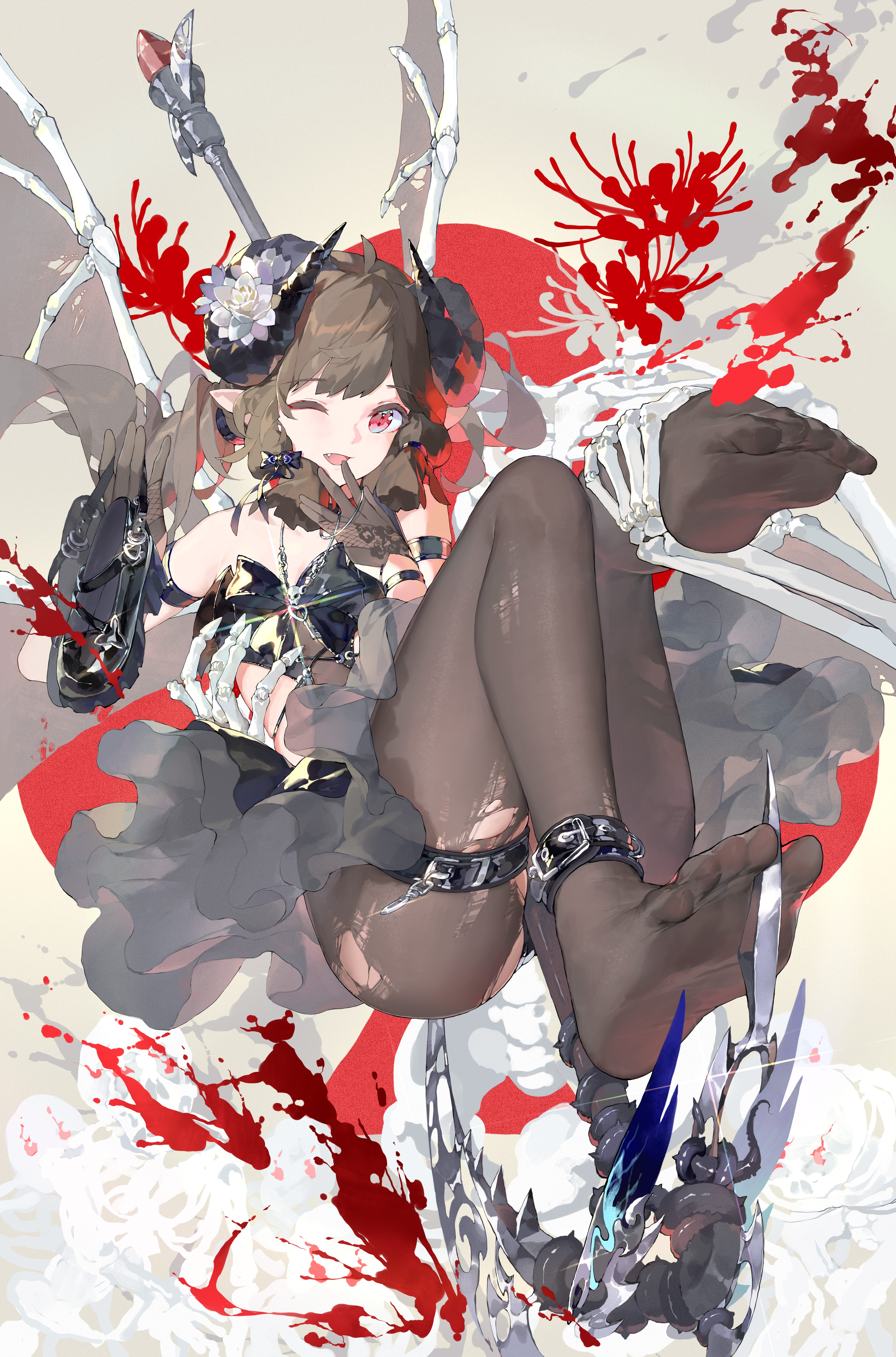 Anime 4160x6300 anime anime girls portrait display BODHI Bodhi Wushushenghua Pixiv looking at viewer one eye closed brunette gradient eyes gloves pointy ears long hair flower in hair horns torn pantyhose pantyhose toes weapon blood scythe bones fangs open mouth smiling flowers ankle cuffs Skindentation shoes hair ornament chains