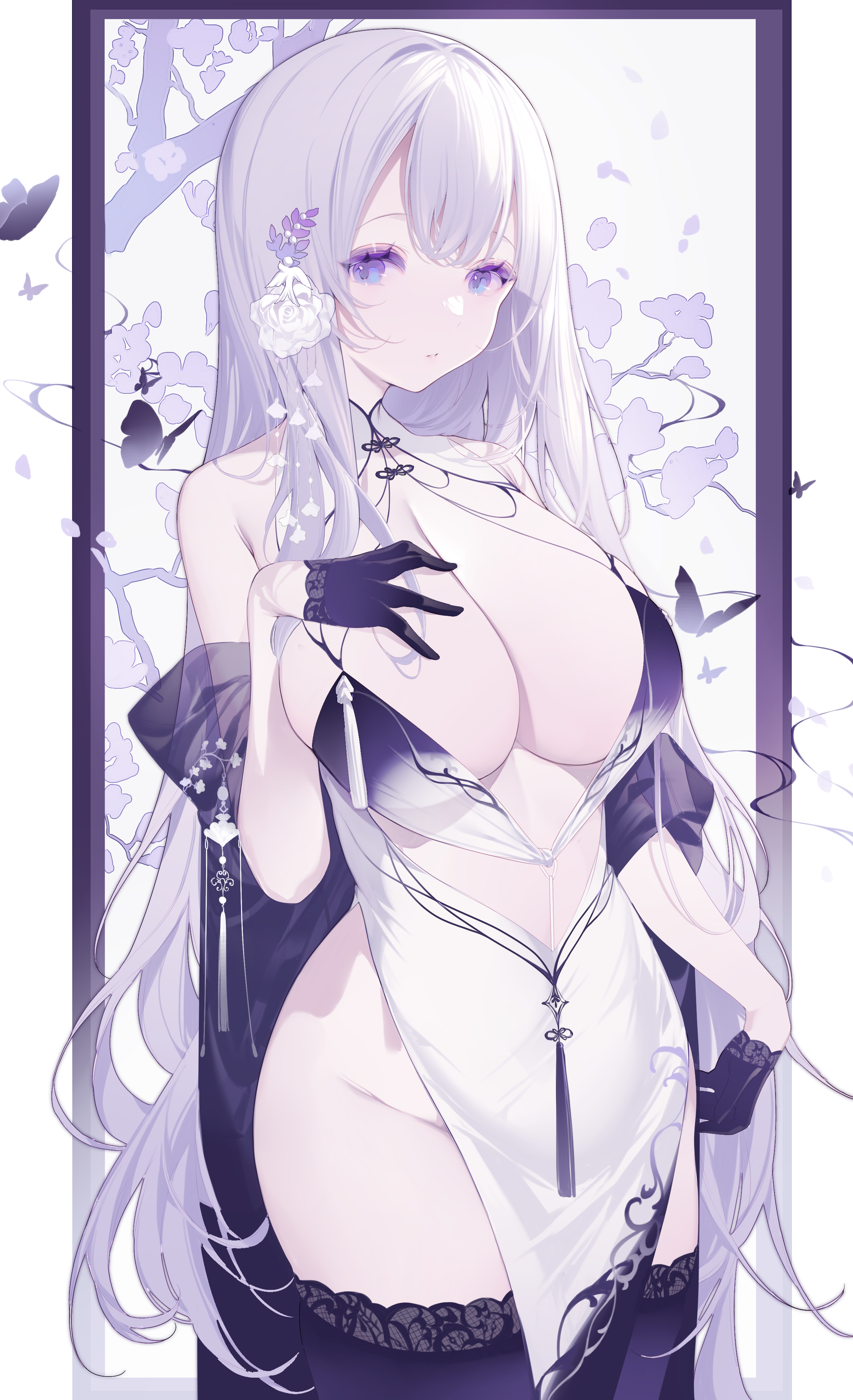 Anime 2332x3826 anime anime girls boobs Miyuki (Miyuki0529) huge breasts gloves looking at viewer long hair portrait display standing thighs butterfly insect skimpy clothes cleavage black gloves stockings flower in hair bare shoulders blue eyes white hair parted lips petals