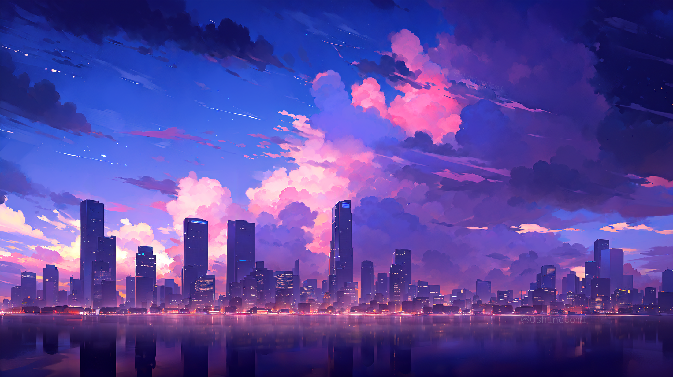 General 2200x1233 AI art landscape night city clouds cityscape sky water building skyscraper reflection digital art