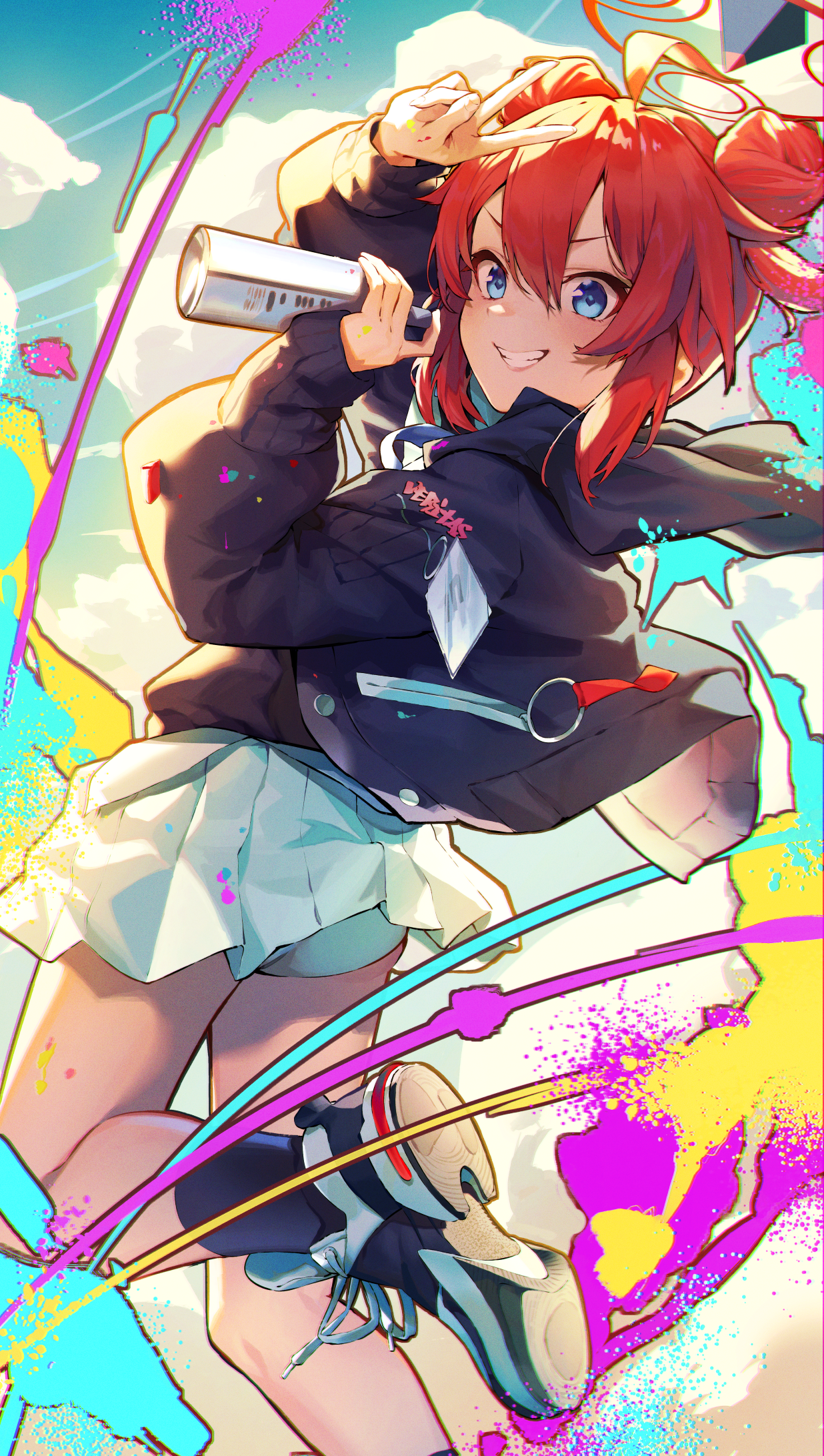 Anime 1236x2183 konuri maki Blue Archive colorful anime girls redhead blue eyes white panties clouds smiling white skirt sneakers portrait display shoe sole parted lips hair between eyes skirt looking at viewer hairbun twin buns peace sign Black Cola panties
