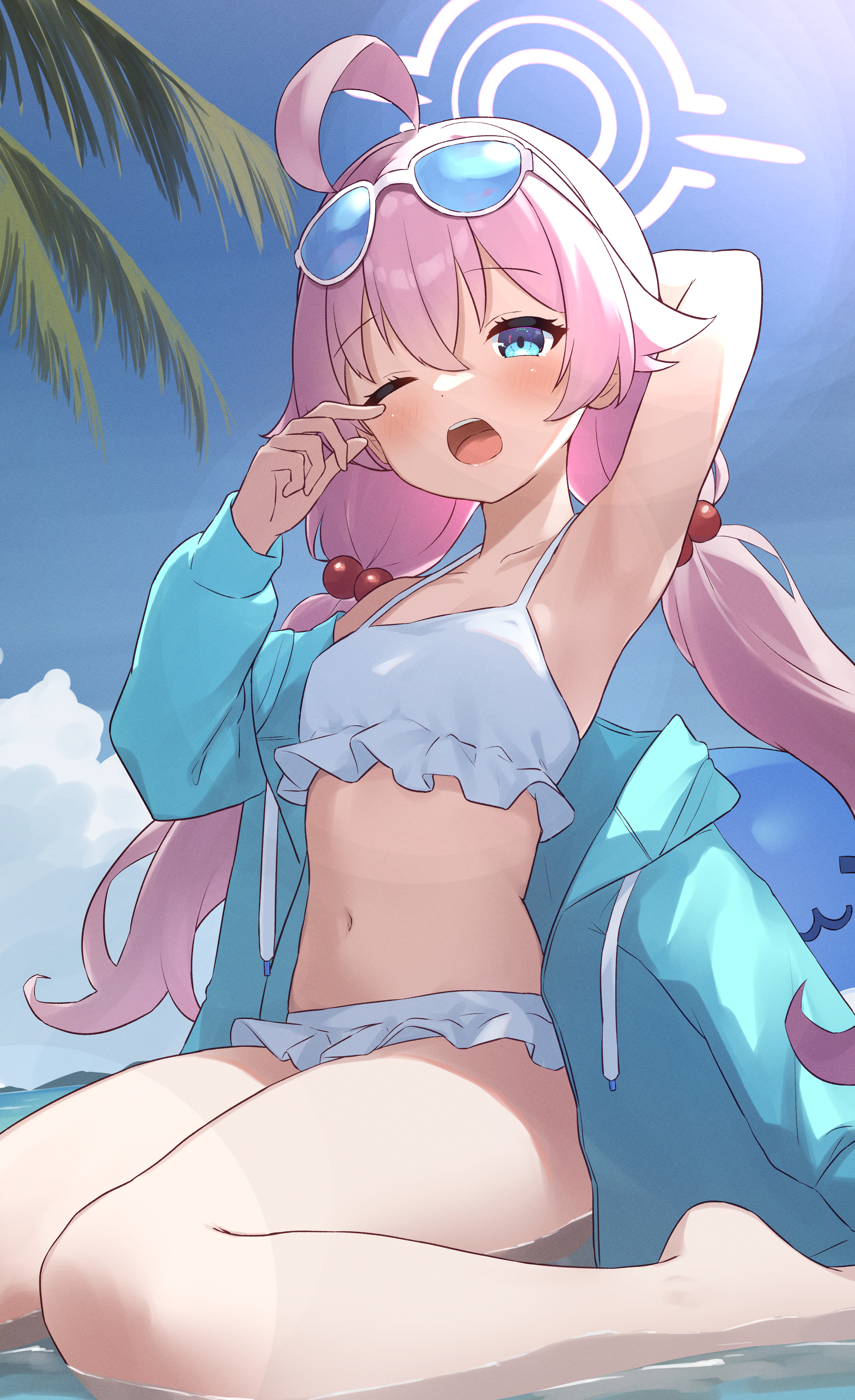 Anime 2480x4059 anime girls Blue Archive Takanashi Hoshino (Blue Archive) swimwear pink hair sunglasses long hair sunlight one eye closed hair between eyes anime outdoors women outdoors portrait display twintails hair ornament yawning open mouth blushing one arm up armpits collarbone wariza women with shades ahoge water loli sky