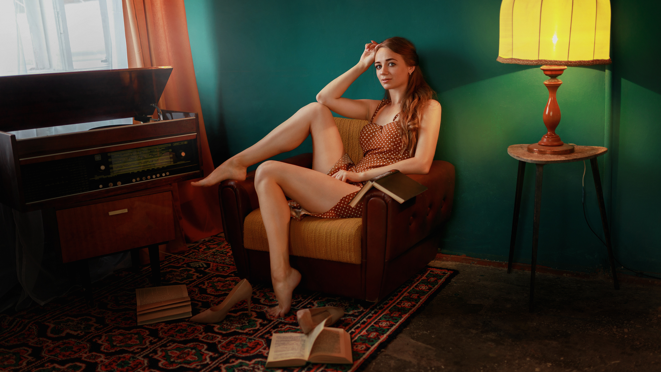 People 2293x1290 Aleksey Yuriev women dress dots barefoot messy stereos looking at viewer books model legs tiptoe women indoors retro style