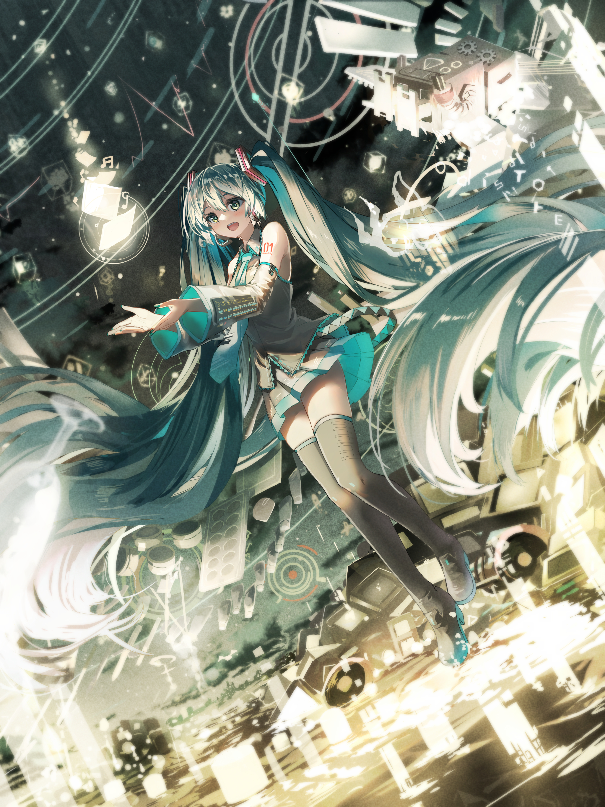 Anime 2048x2732 Hatsune Miku anime Vocaloid anime girls Daidou portrait display open mouth twintails long hair looking away arms reaching standing skirt frills thighs stockings bare shoulders detached sleeves blushing headphones cube musical notes blue hair hair between eyes blue eyes