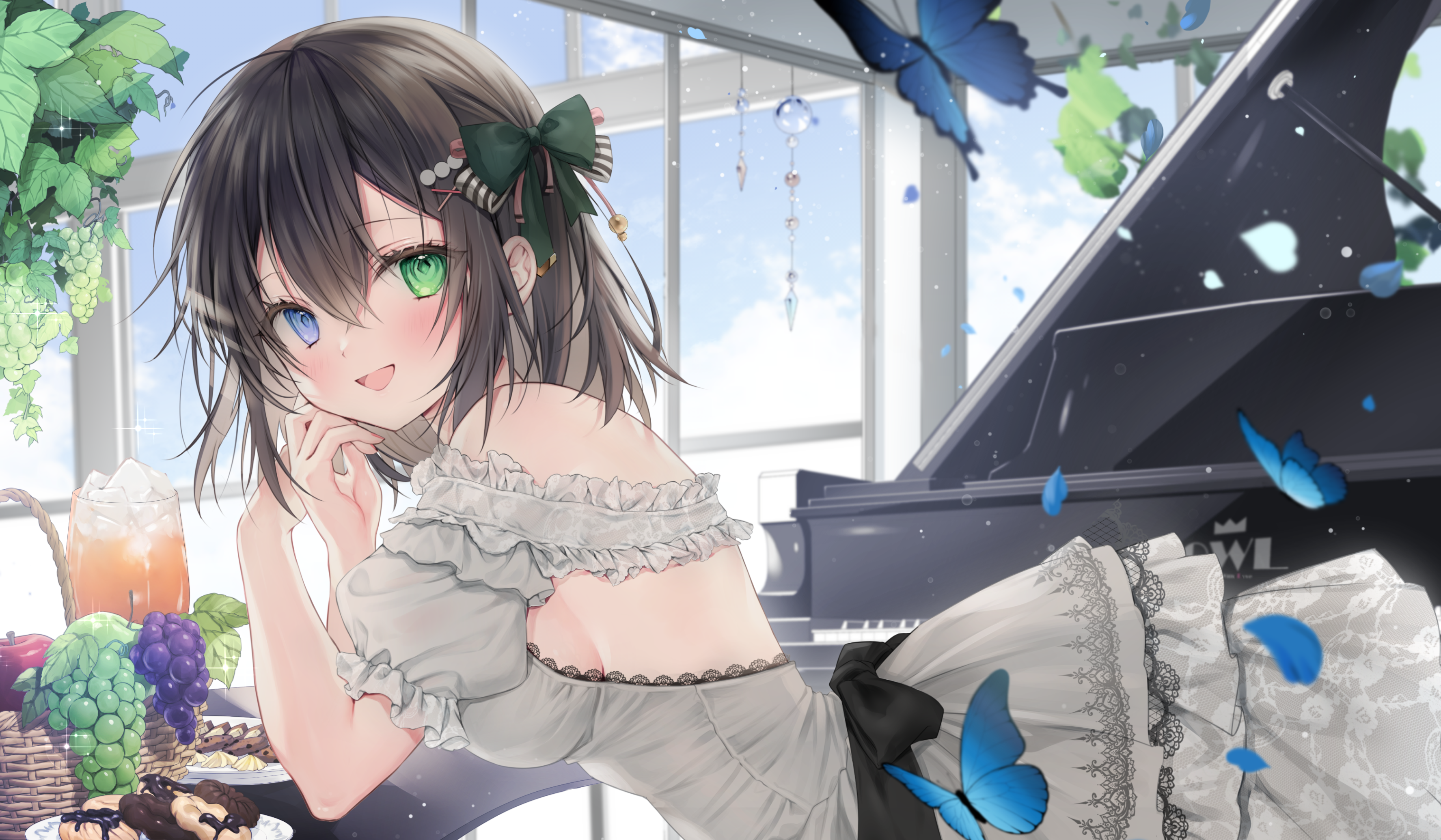 Anime 3550x2070 anime anime girls piano yoruhoshi owl heterochromia dress hair between eyes petals open mouth butterfly side view baskets hair ornament fruit musical instrument leaves bare shoulders frills looking at viewer short hair sunlight ice cubes drinking glass drink cookies plates food sparkles