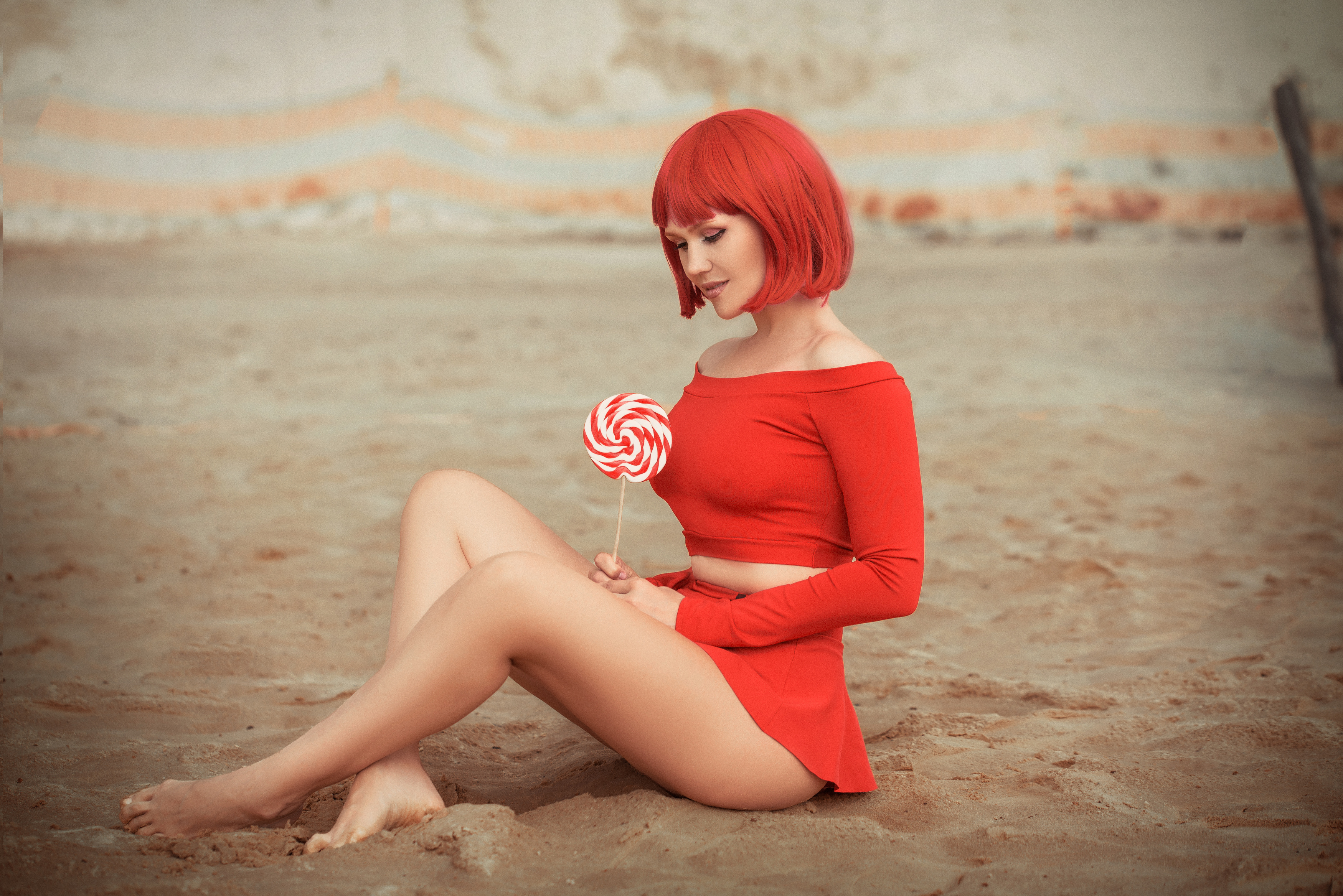 People 3500x2336 Stanislav Maximov women redhead red clothing lollipop sand model legs barefoot women outdoors
