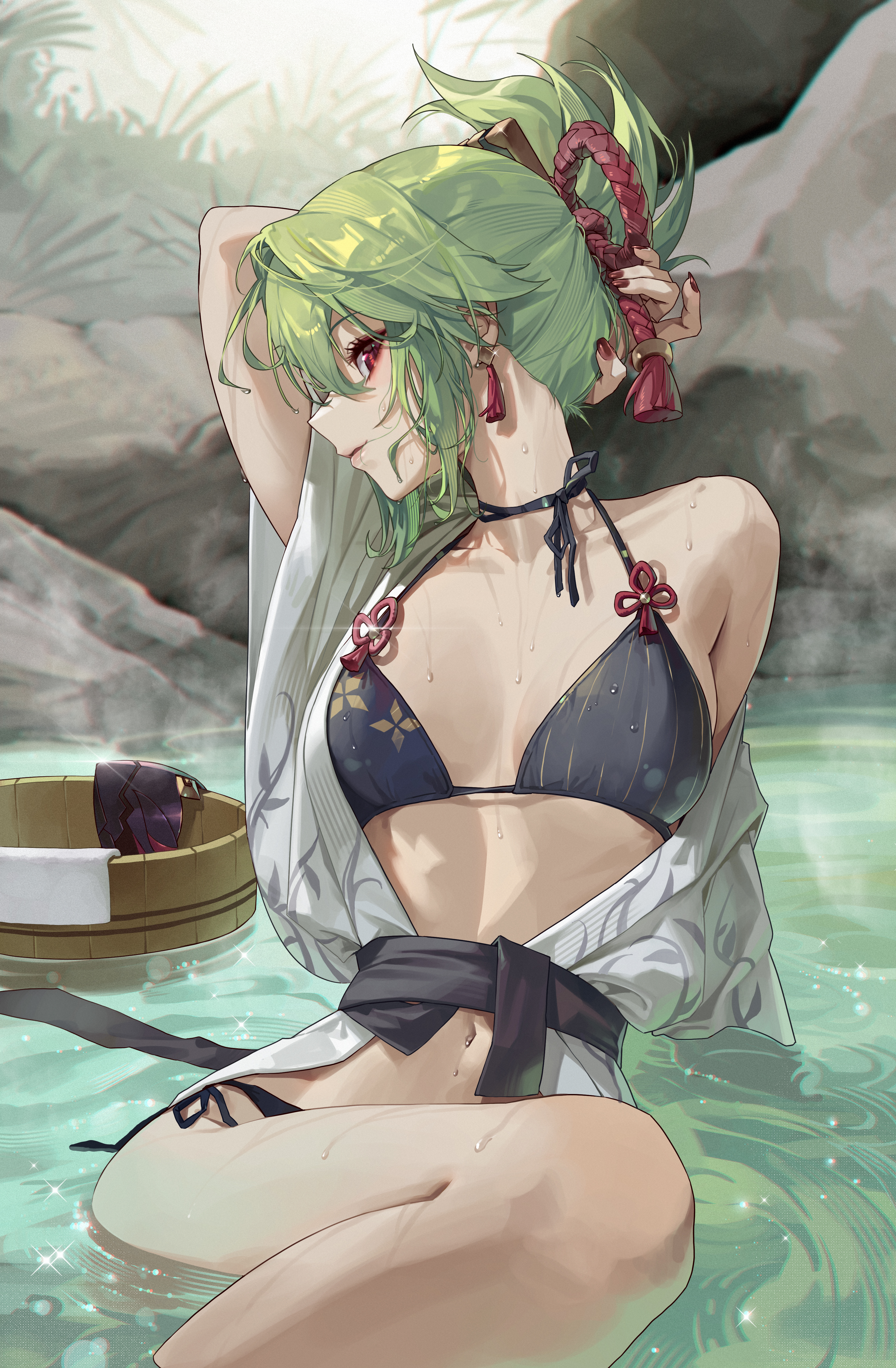 Anime 3332x5087 Kuki Shinobu (Genshin Impact) green hair open clothes belly button bare midriff belly ass thighs Genshin Impact wet body purple eyes boobs kimono ponytail swimwear yukata wet clothing off shoulder long hair jewelry strategic covering bikini bikini under clothes earring looking at viewer water anime anime girls tassel earrings wet bent legs shallow water parted lips painted nails sparkles Sssong aa