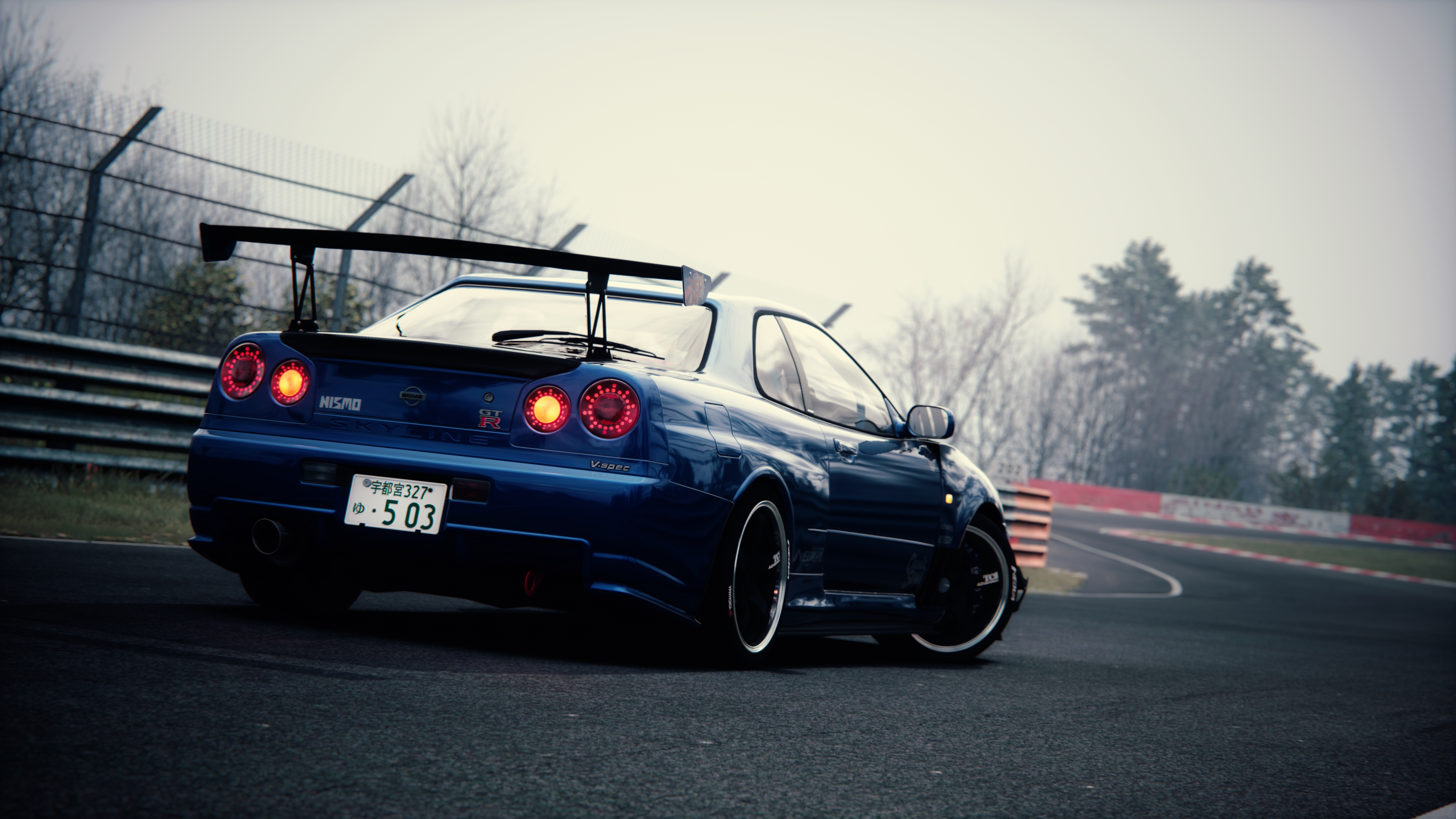 General 7680x4320 Nissan Skyline R34 car Assetto Corsa PC gaming rear view licence plates taillights driving trees vehicle kanji video game art screen shot video games fence