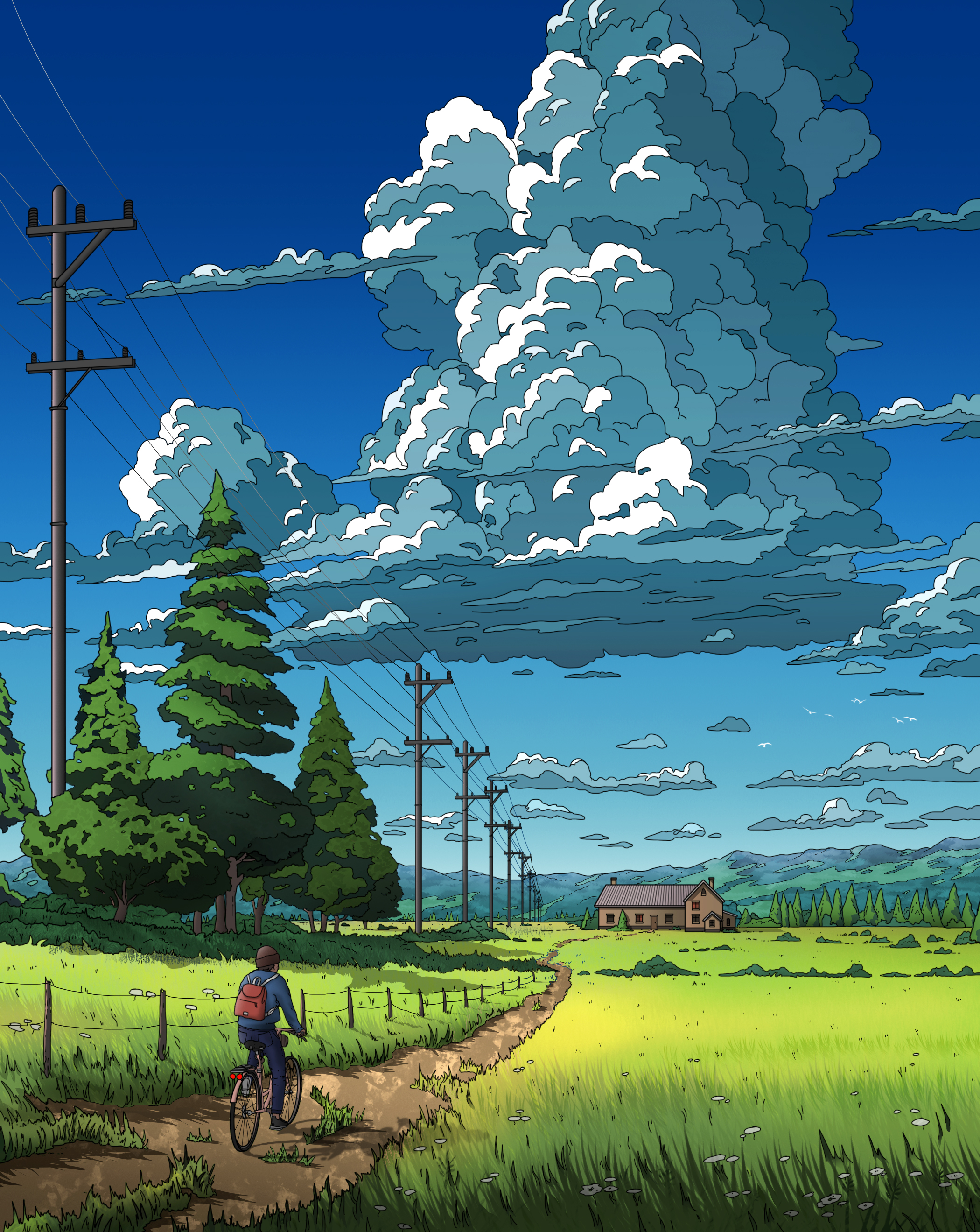 General 2100x2639 Christian Demczuk artwork digital art illustration field house trees power lines nature bicycle mountains portrait display grass clouds backpacks path flowers sky