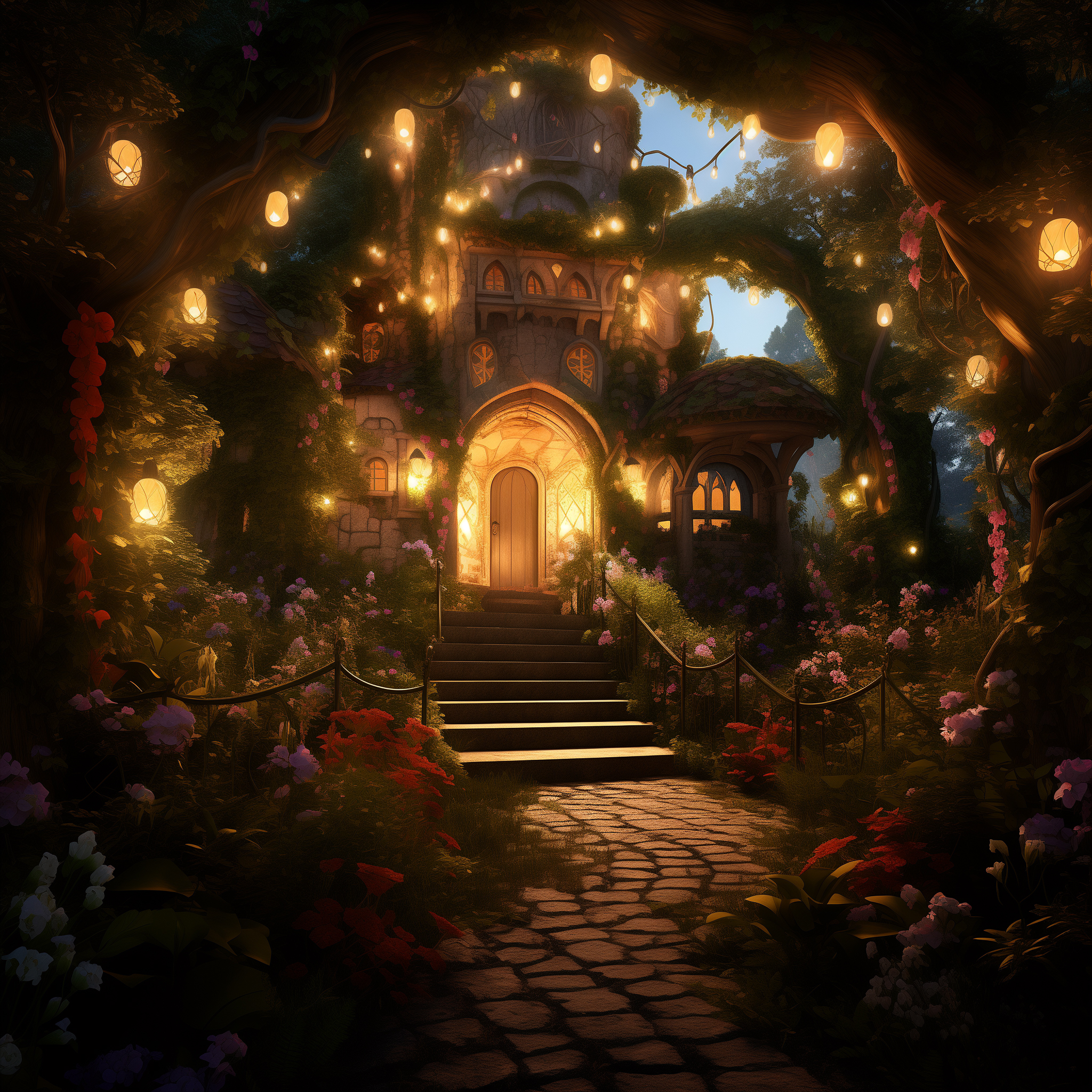 General 2048x2048 AI art digital art digital painting garden magical garden magic stairs flowers lights path window house