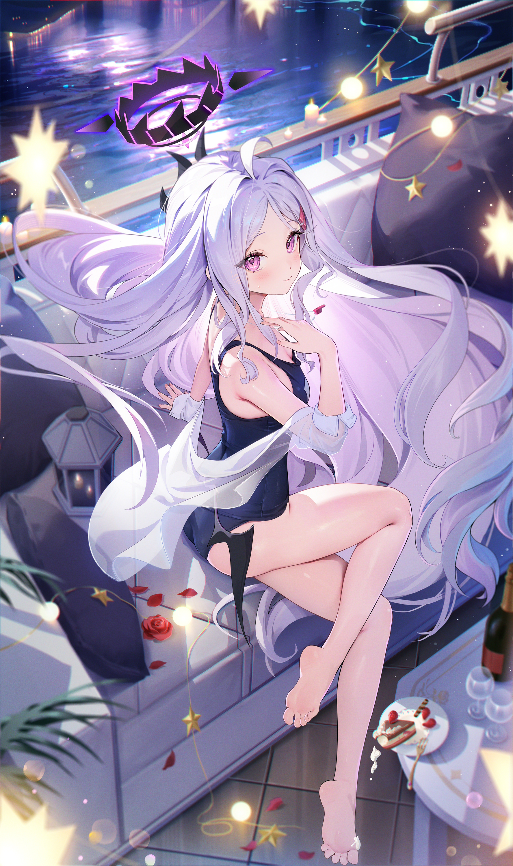 Anime 1776x3000 anime anime girls Sorasaki Hina (Blue Archive) Houkiboshi Blue Archive portrait display long hair one-piece swimsuit table barefoot foot sole looking at viewer sitting swimwear wine glass leaves rose petals small boobs blushing closed mouth smiling water stars pillow ass thighs couch cake fork plates wine glass bottle night purple eyes