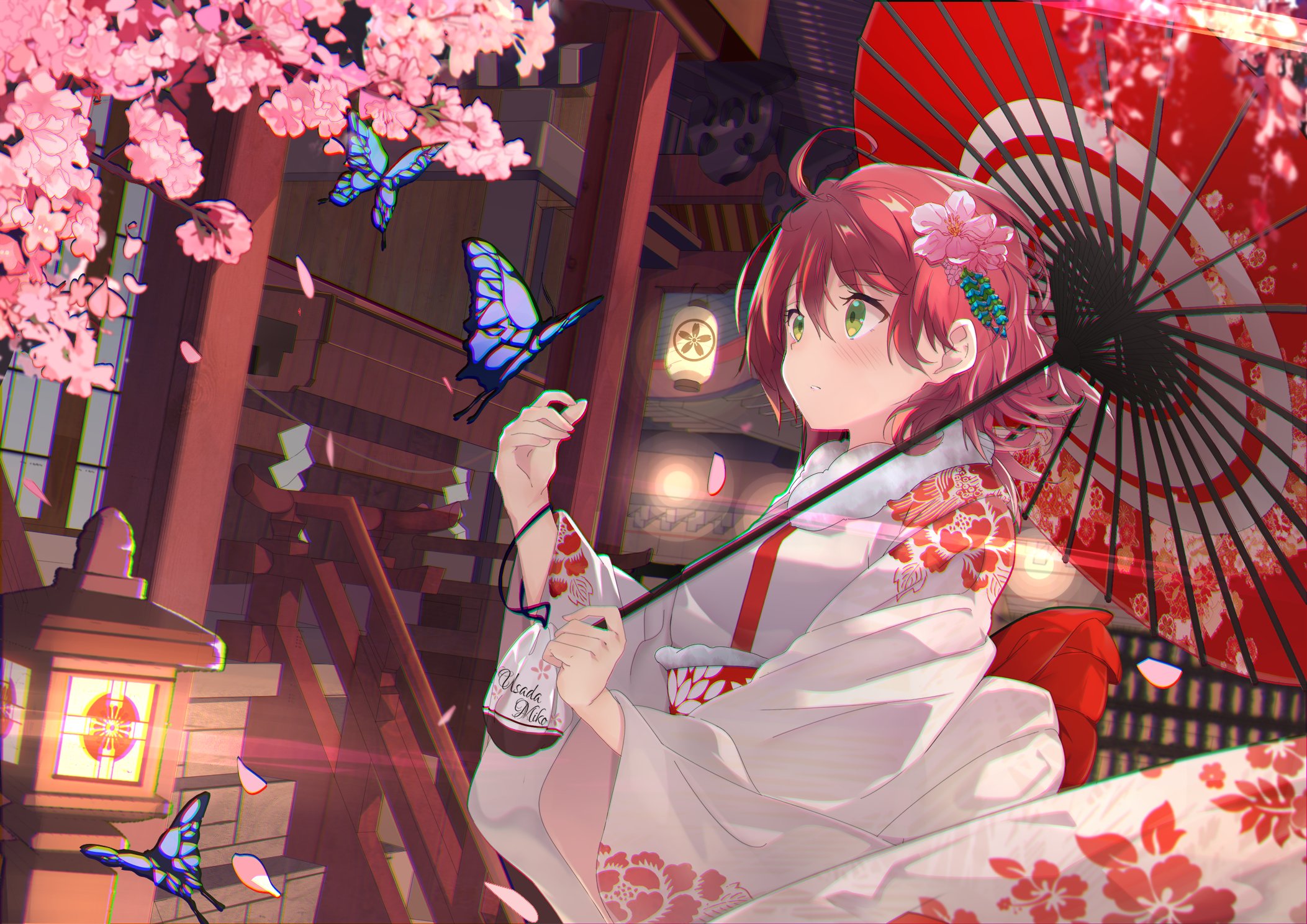 Anime 2105x1488 Hololive Sakura Miko flower in hair umbrella green eyes hair ornament Japanese clothes ahoge kimono women outdoors butterfly looking sideways petals alternate costume cherry blossom flowers Virtual Youtuber bug pink flowers lantern floral Marcellokito! redhead blushing hair between eyes anime anime girls long sleeves wide sleeves short hair
