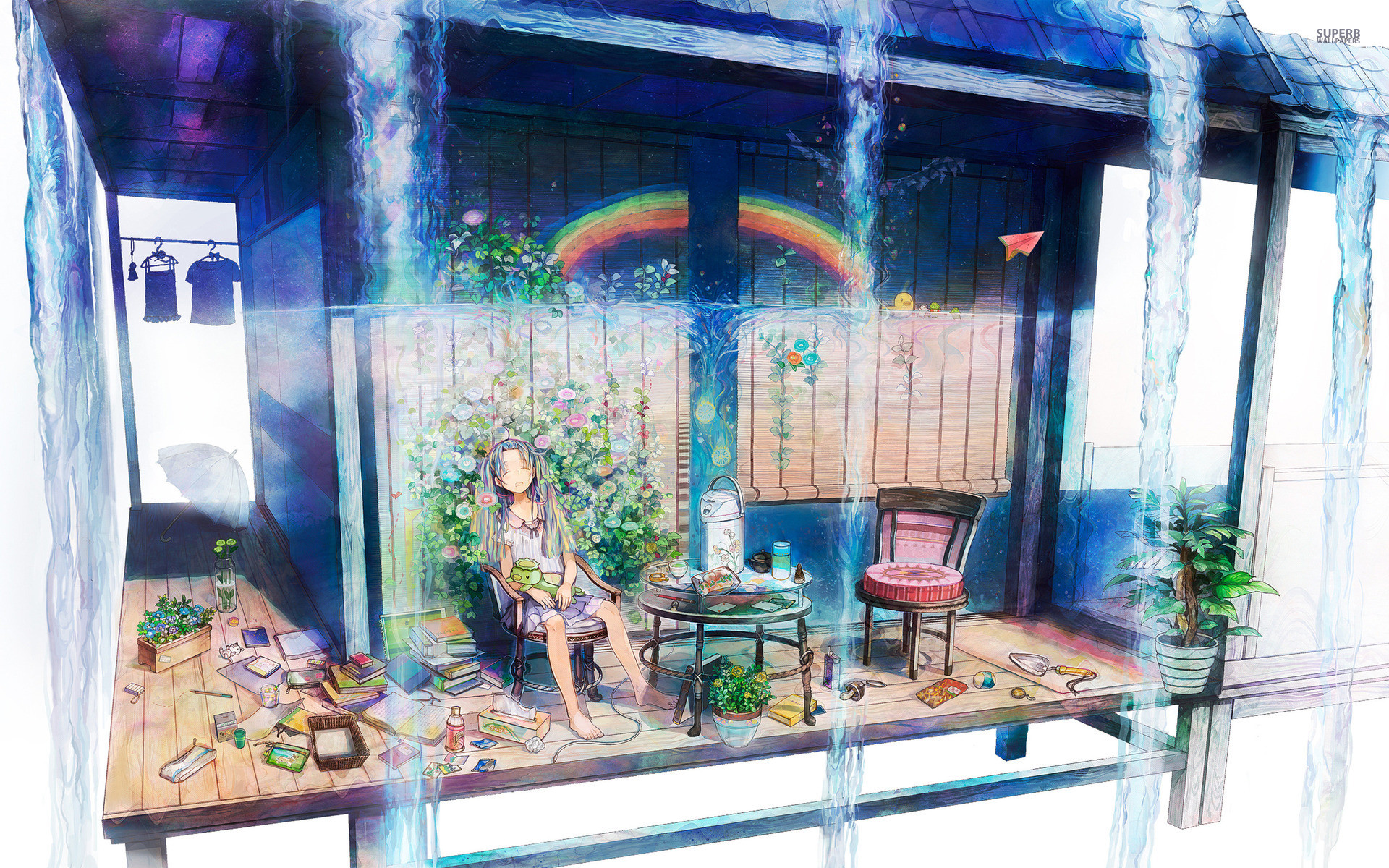 Anime 1920x1200 anime anime girls front porch rainbows sleeping closed eyes sitting chair books tissues table leaves flowers short sleeves barefoot umbrella clothes white background open mouth long hair paper planes shovels ahoge