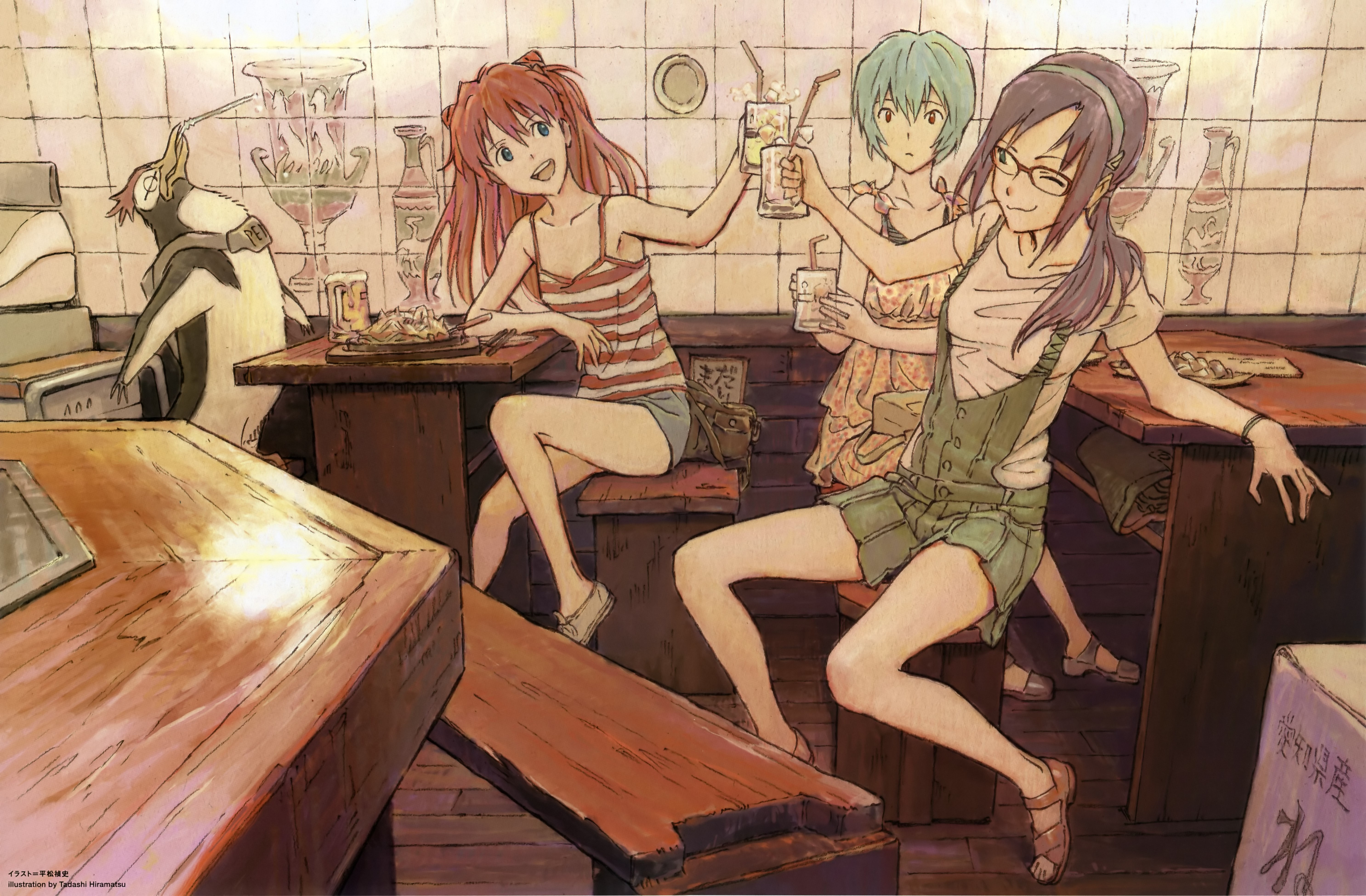 Anime 5945x3901 anime anime girls Neon Genesis Evangelion Asuka Langley Soryu Makinami Mari Illustrious penguins Penpen Ayanami Rei sitting watermarked smiling glasses women with glasses closed mouth open mouth short sleeves sleeveless drinking straw drink one eye closed long hair