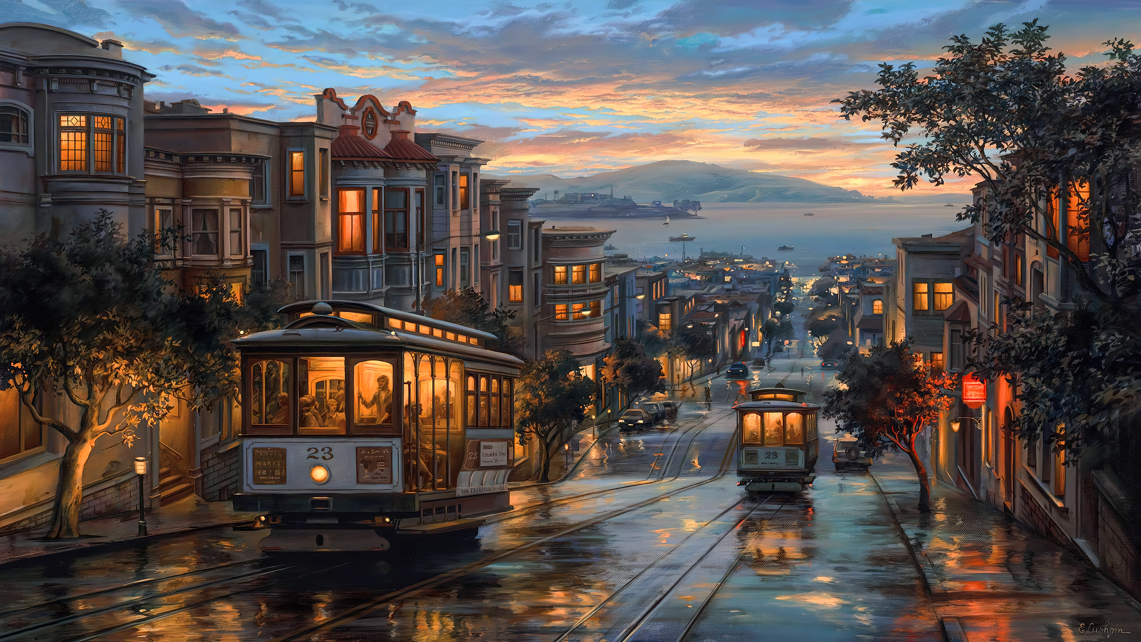 General 3840x2160 digital painting San Francisco clouds sunset trees city sunset glow city lights tram