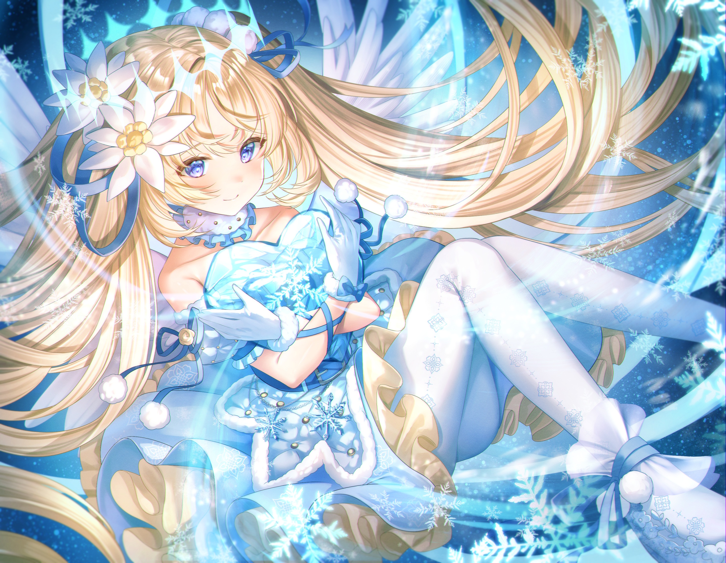 Anime 2877x2232 anime anime girls blonde blue eyes flower in hair gloves long hair snowflakes smiling