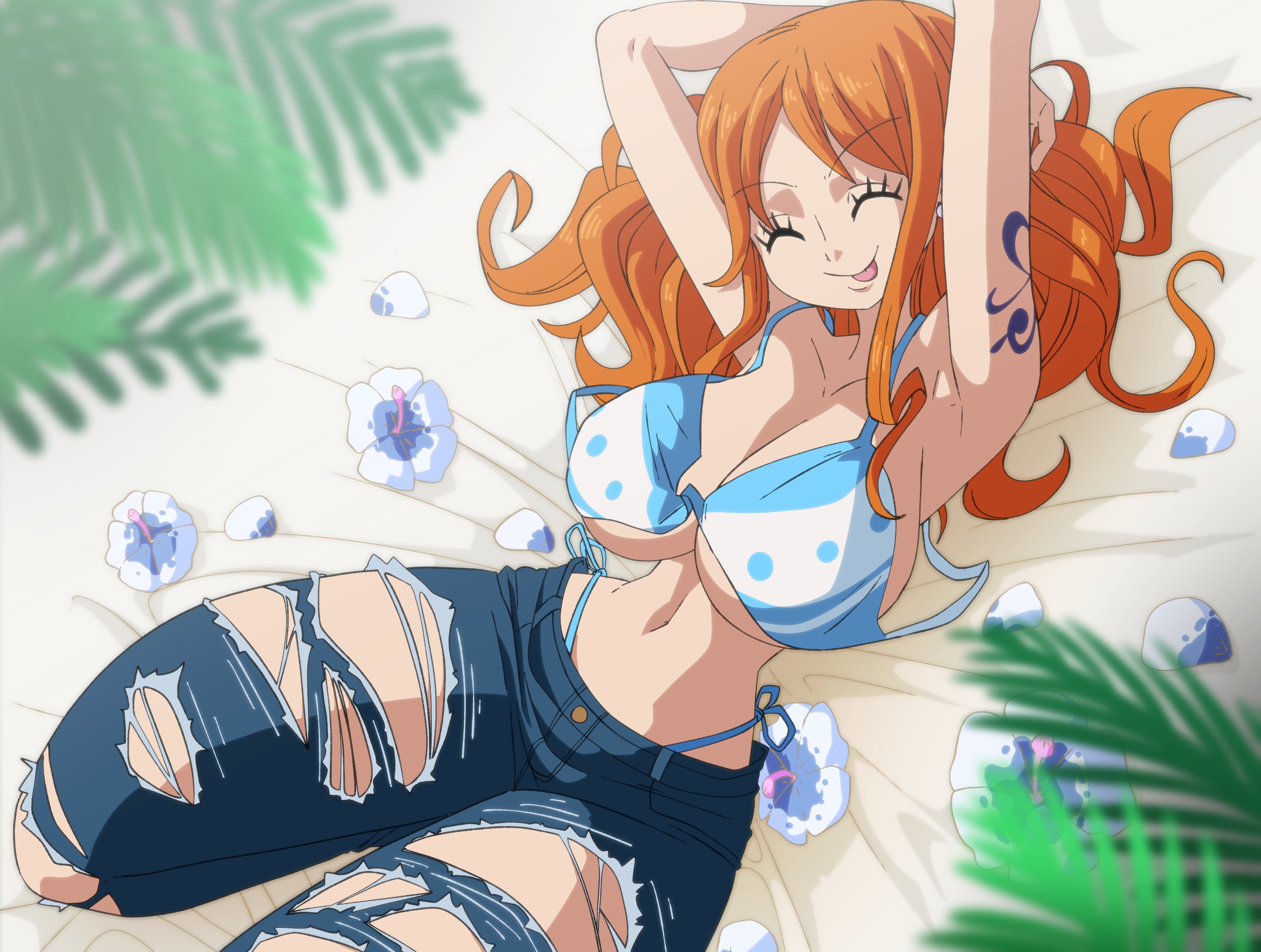 Anime 4096x3093 InkerComics One Piece Nami bikini top jeans closed eyes tongue out redhead beach belly tattoo big boobs anime girls torn clothes flowers leaves artwork torn jeans whale tails bright