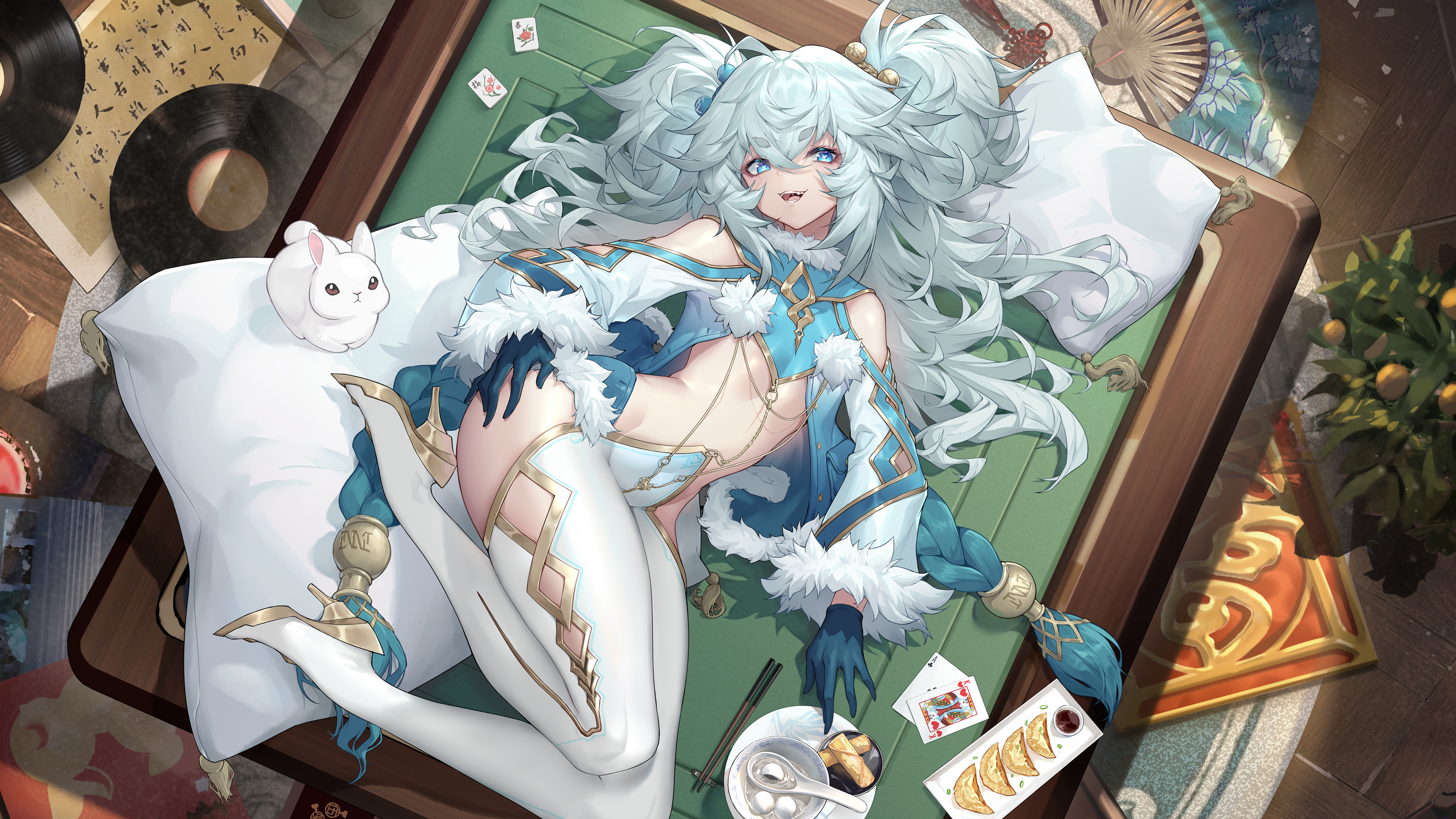 Anime 3840x2160 anime anime girls Girls Frontline Shanyao PA-15 (Girls Frontline) cards pillow rabbits gloves blue gloves blue eyes heels hand fan lying on back thighs belly food long hair animals top view
