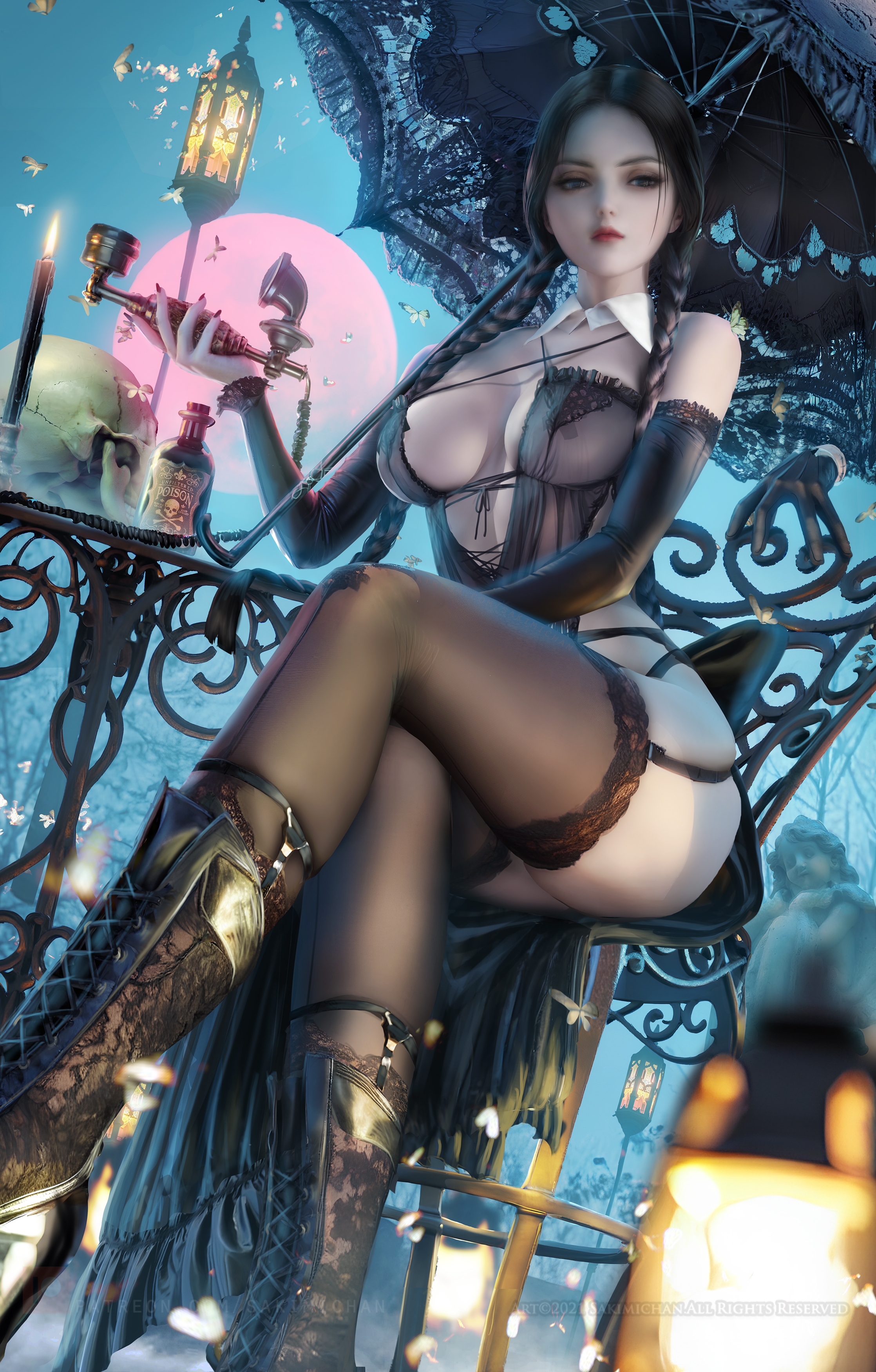 General 2236x3500 Wednesday Addams fictional character 2D artwork drawing fan art Sakimichan Gothic twintails umbrella lingerie stockings legs crossed portrait display candles braids skull big boobs low-angle boots