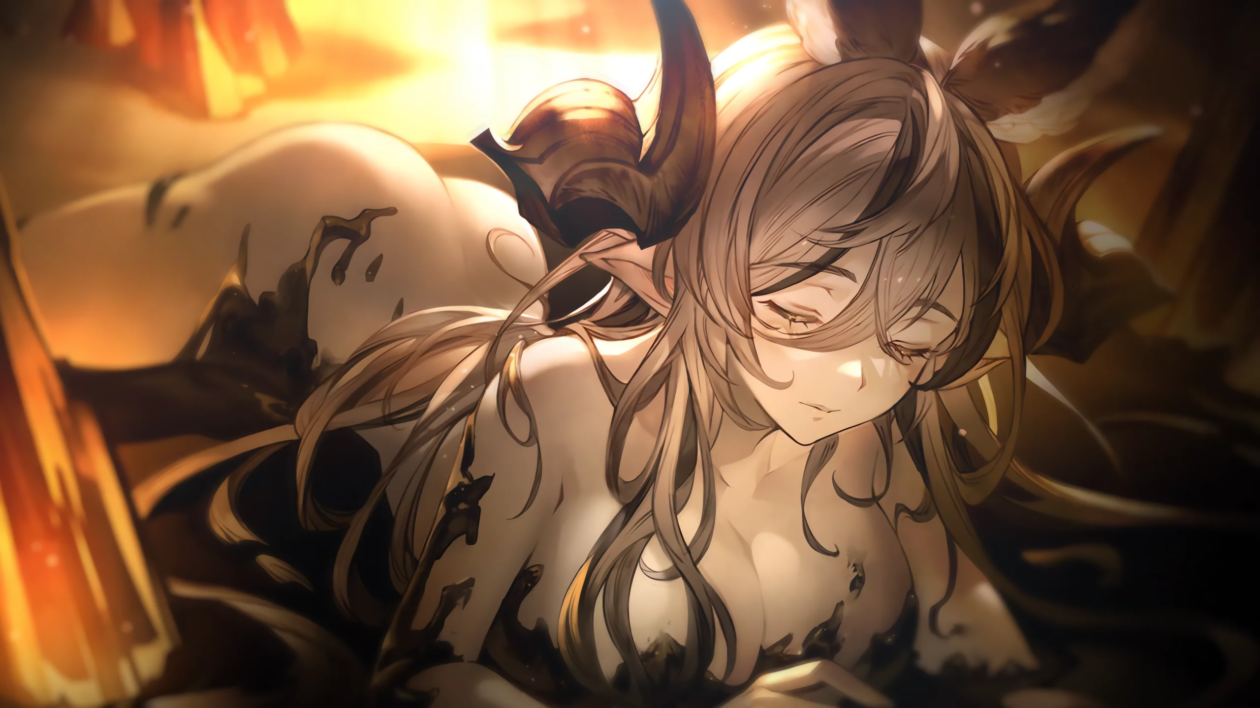 Anime 2560x1440 Granblue Fantasy Galleon (Granblue Fantasy) wandus Wilnas (Granblue Fantasy) Fediel (Granblue Fantasy) anime girls cleavage closed eyes big boobs lying on front horns