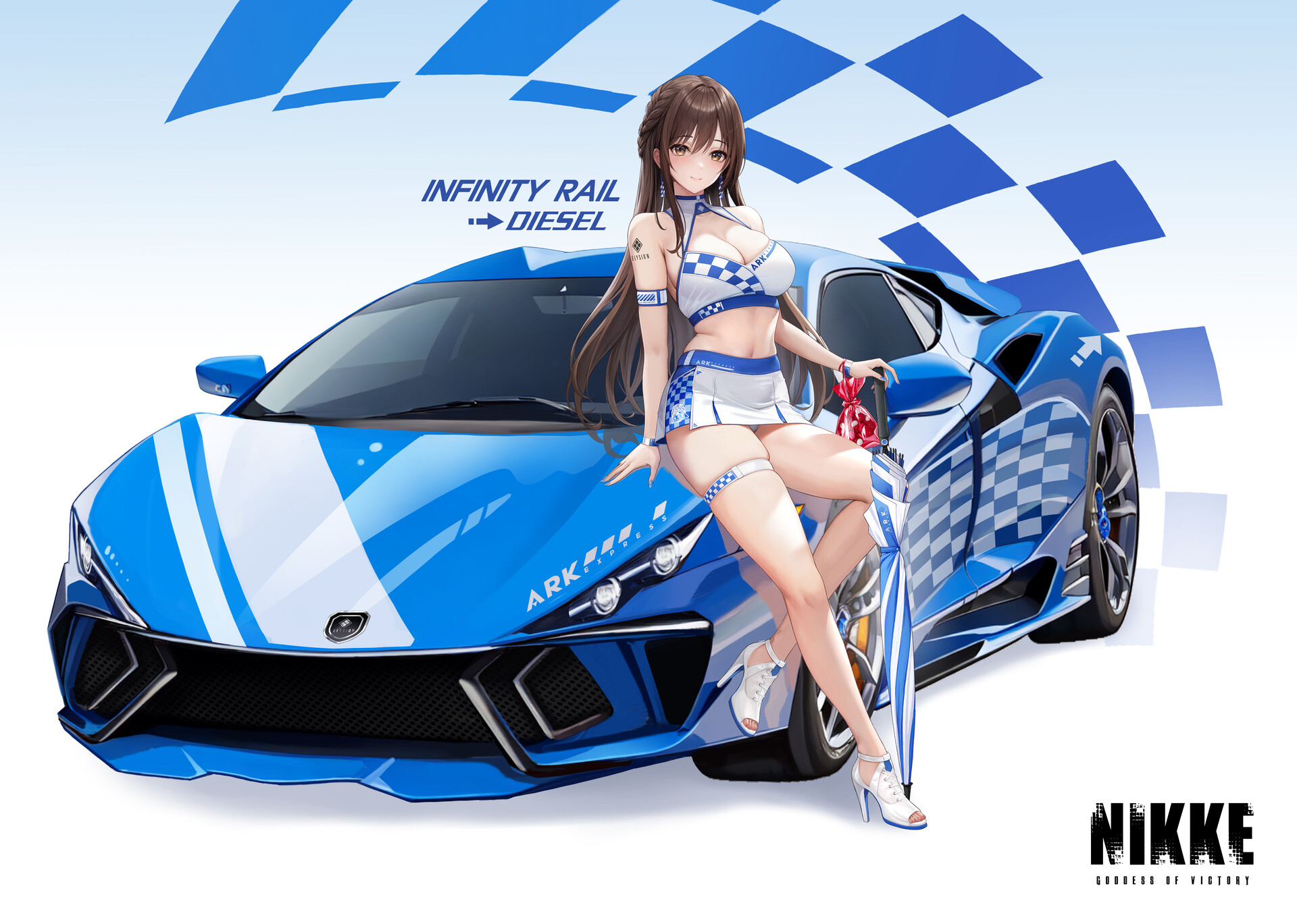 Anime 1920x1369 DramZ drawing women brunette long hair blue white car anime girls skimpy clothes umbrella belly cleavage race cars Nikke: The Goddess of Victory