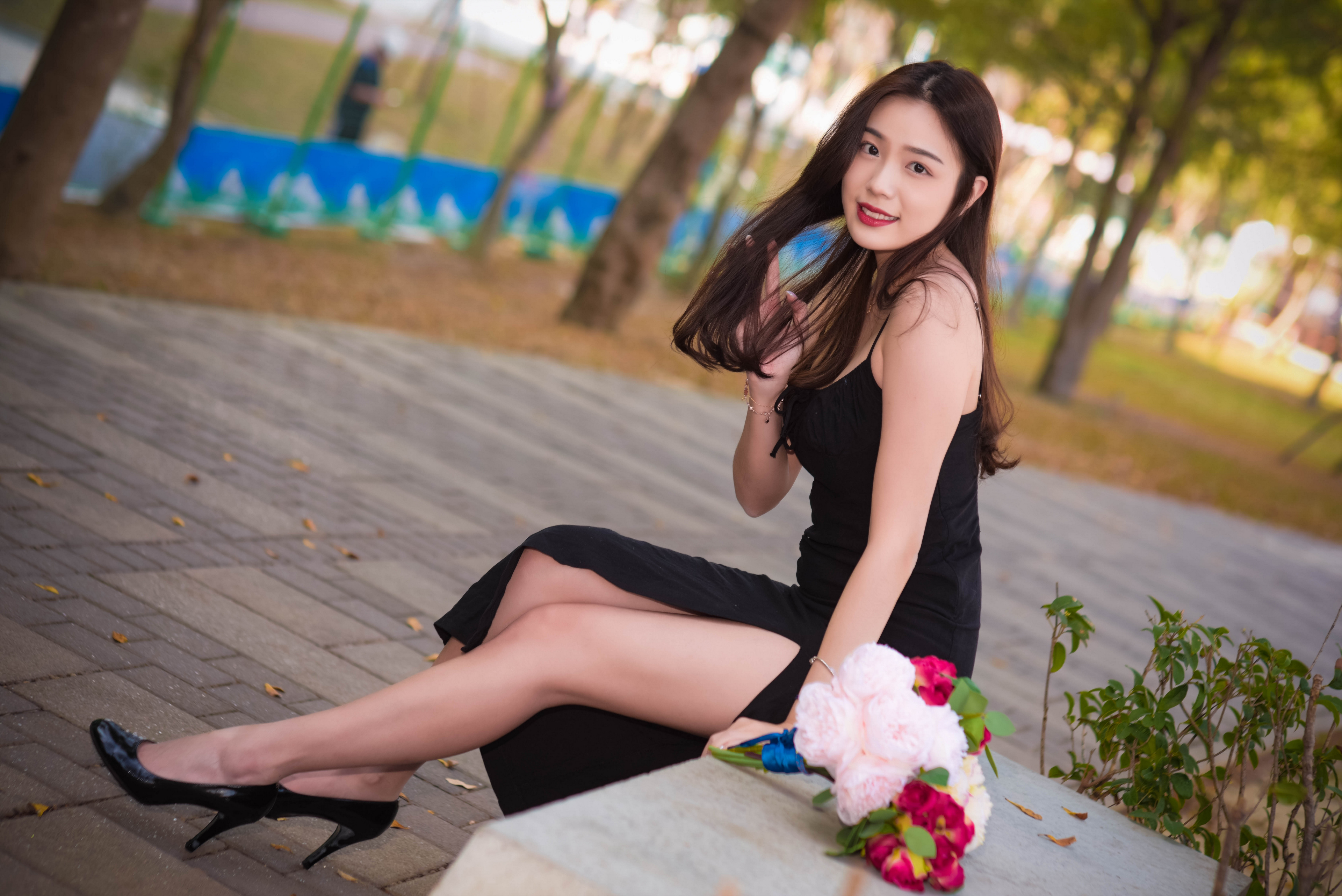 People 3840x2563 Asian model women long hair dark hair sitting black dress high heels