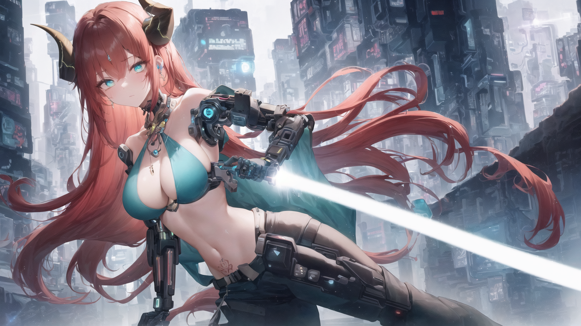 Anime 1920x1080 Nilou (Genshin Impact) Genshin Impact Illumie big boobs cleavage jewelry blue eyes redhead cybernetics cyberpunk city tactical girl anime girls solo AI art metal horns laser womb tattoo belly horns looking at viewer