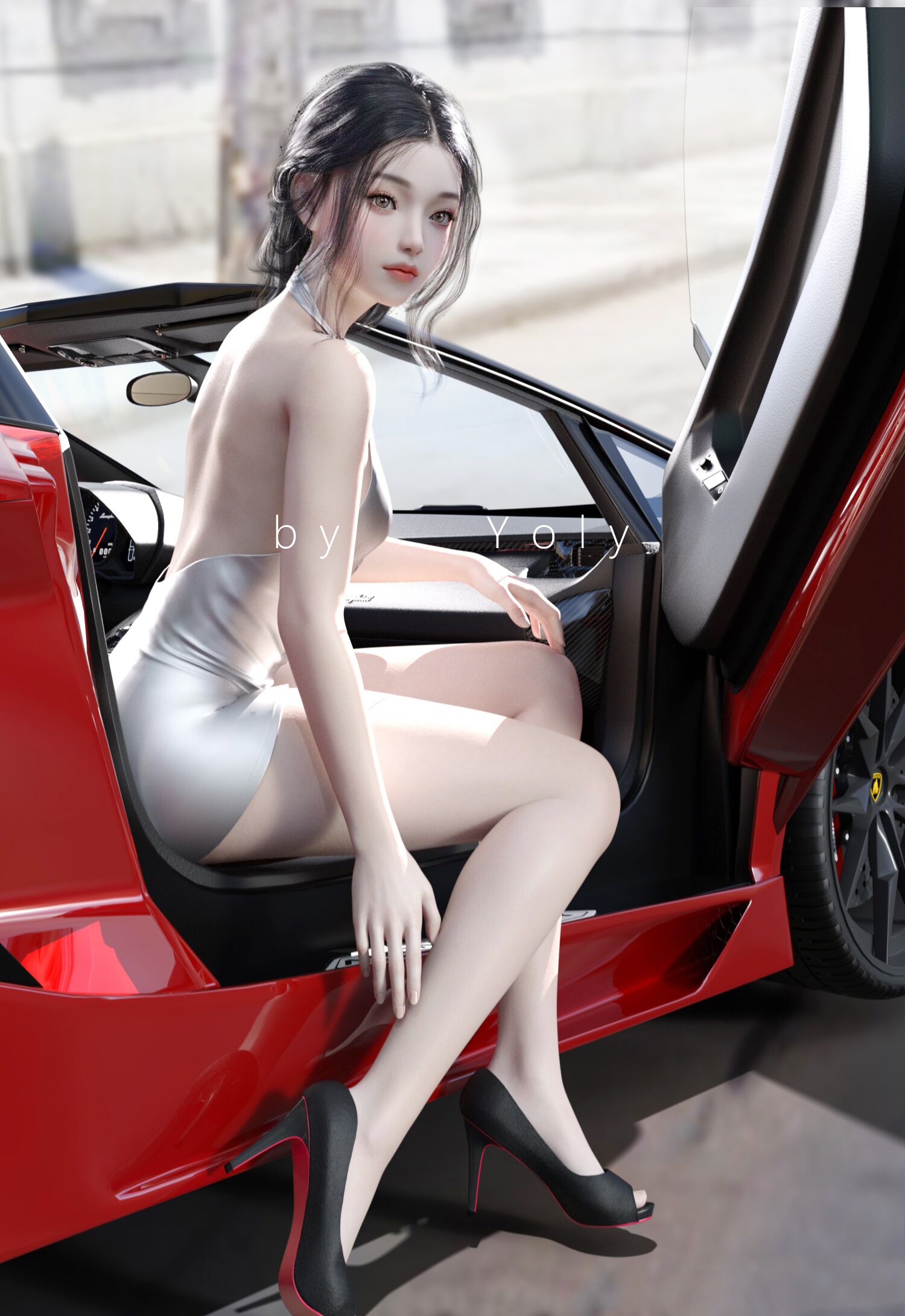 General 1500x2180 CGI digital art Yoly Asian heels high heels women Lamborghini Asterion car long hair black hair dress Lamborghini