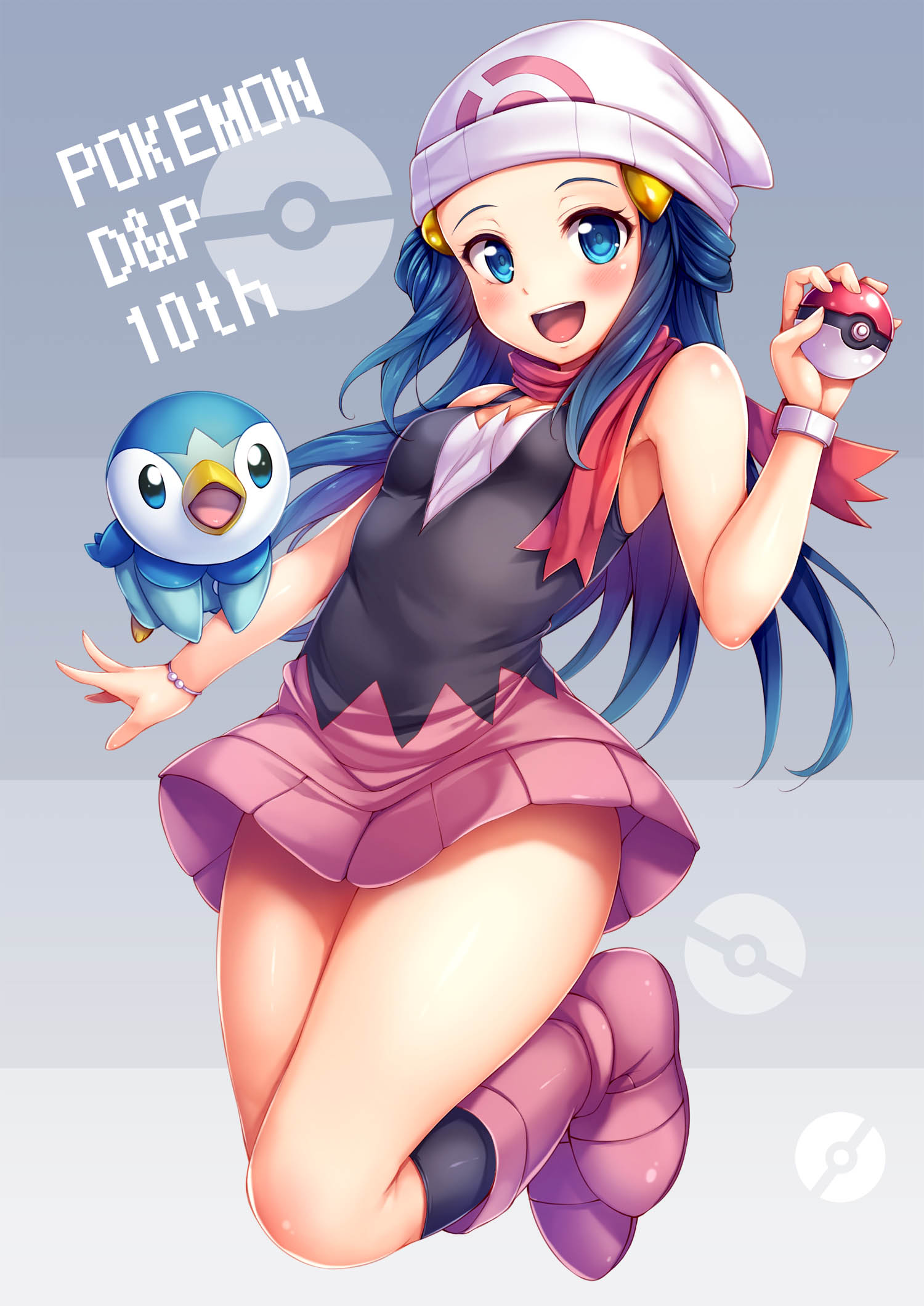 long hair, blue hair, solo, anime, anime girls, Pokémon, Dawn (Pokemon),  artwork, digital art, fan art, hat, Poke Ball