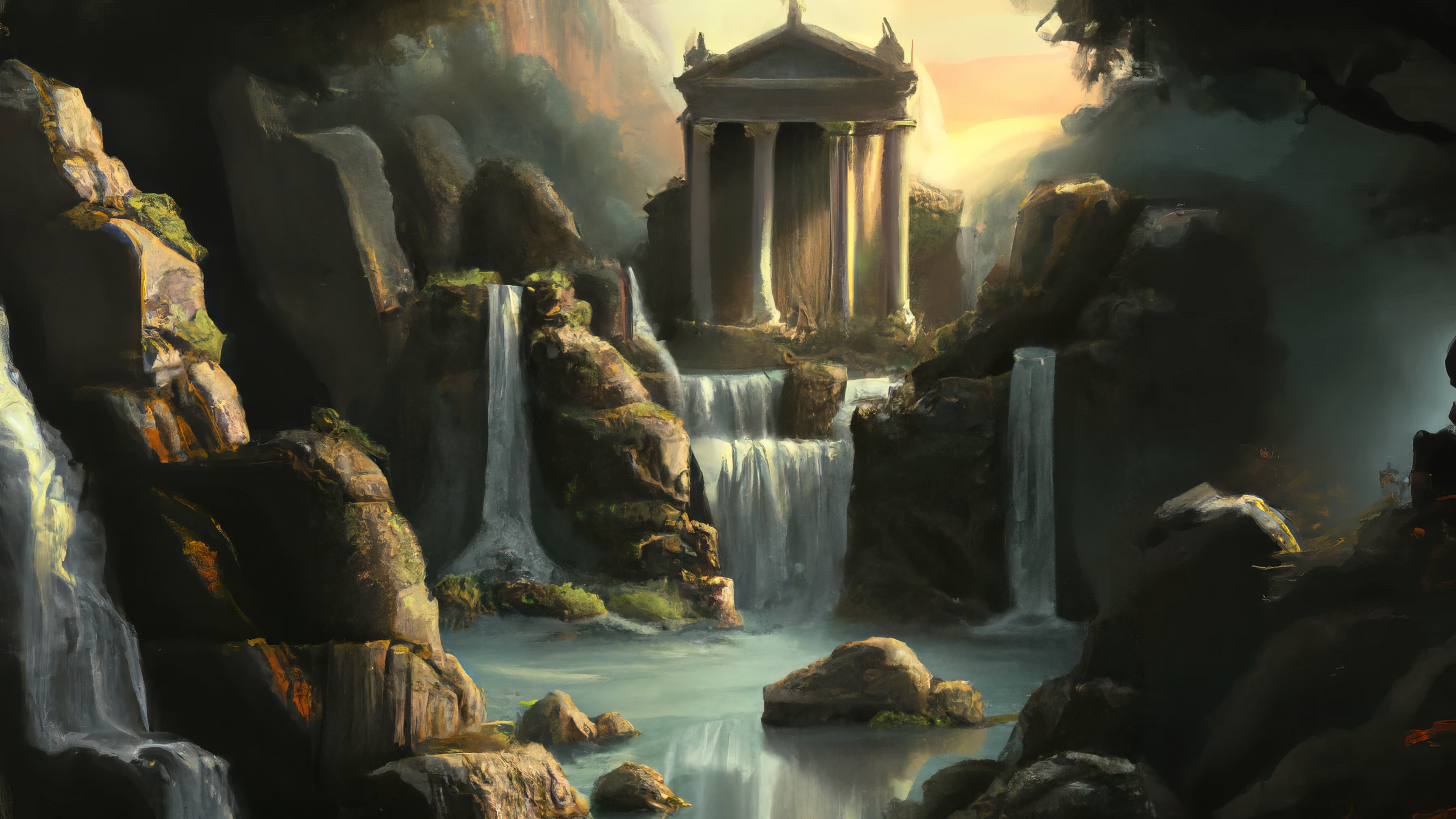 General 3840x2160 AI art painting temple ancient temple waterfall Rome Ancient Rome Greece ancient greece antiquity water