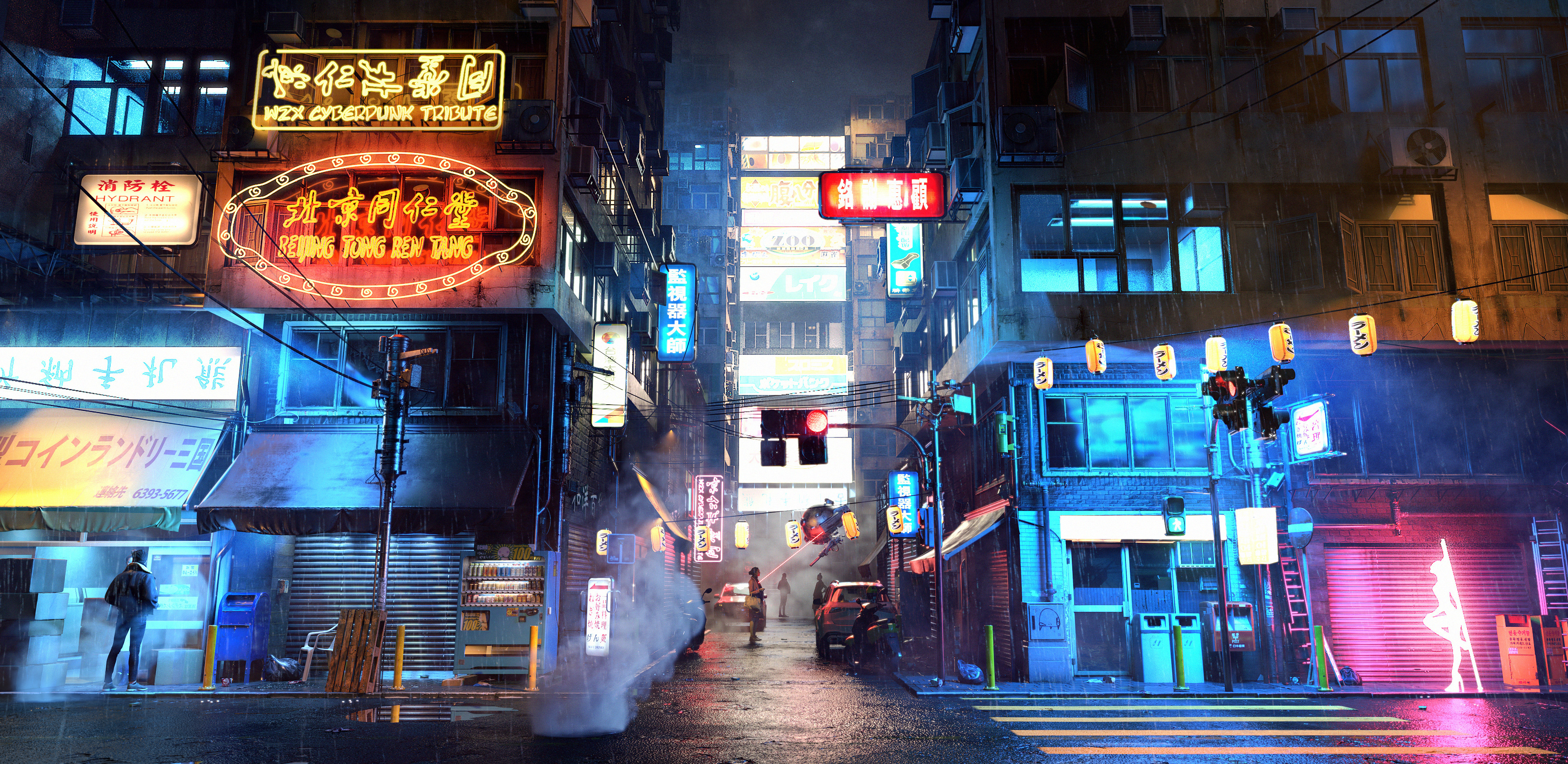 General 3840x1871 digital art artwork illustration cyberpunk street city lights neon CGI building environment