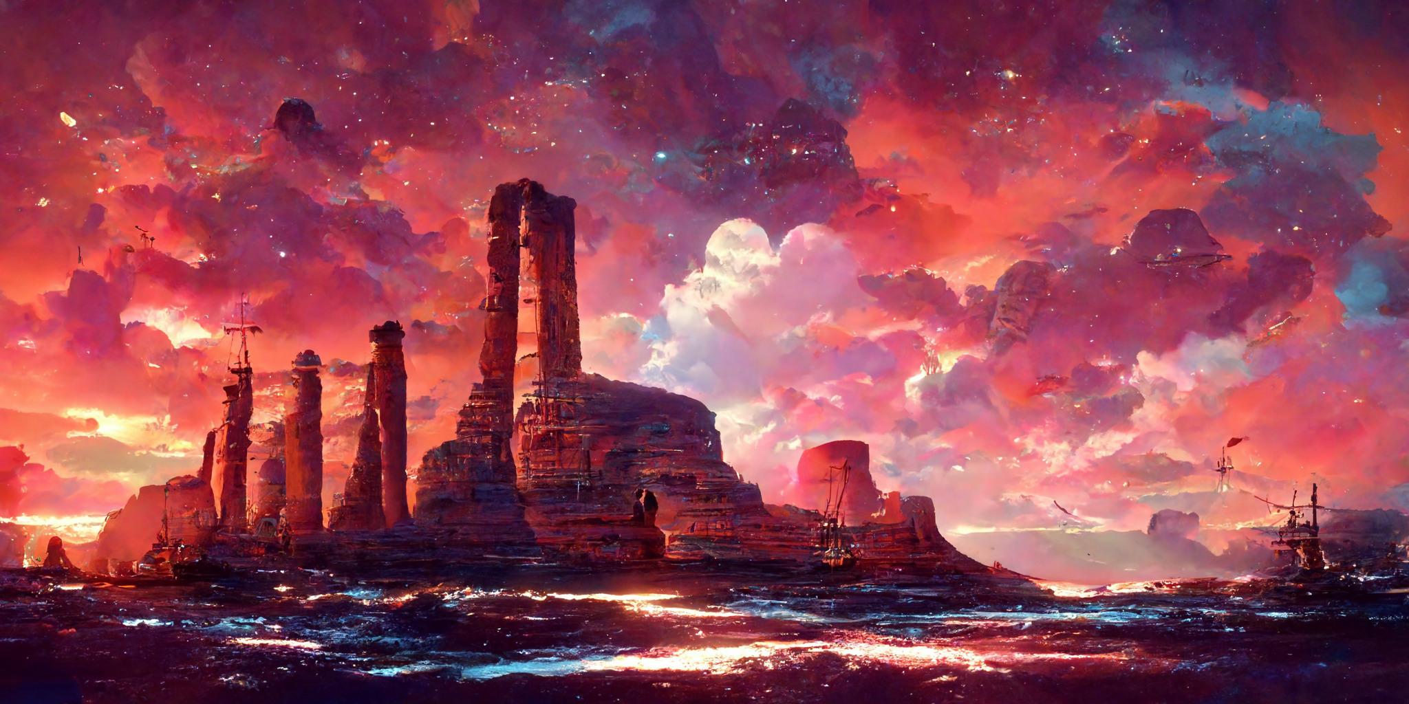 General 2048x1024 vaporwave red clouds stars coast cliff pillar pink AI art water