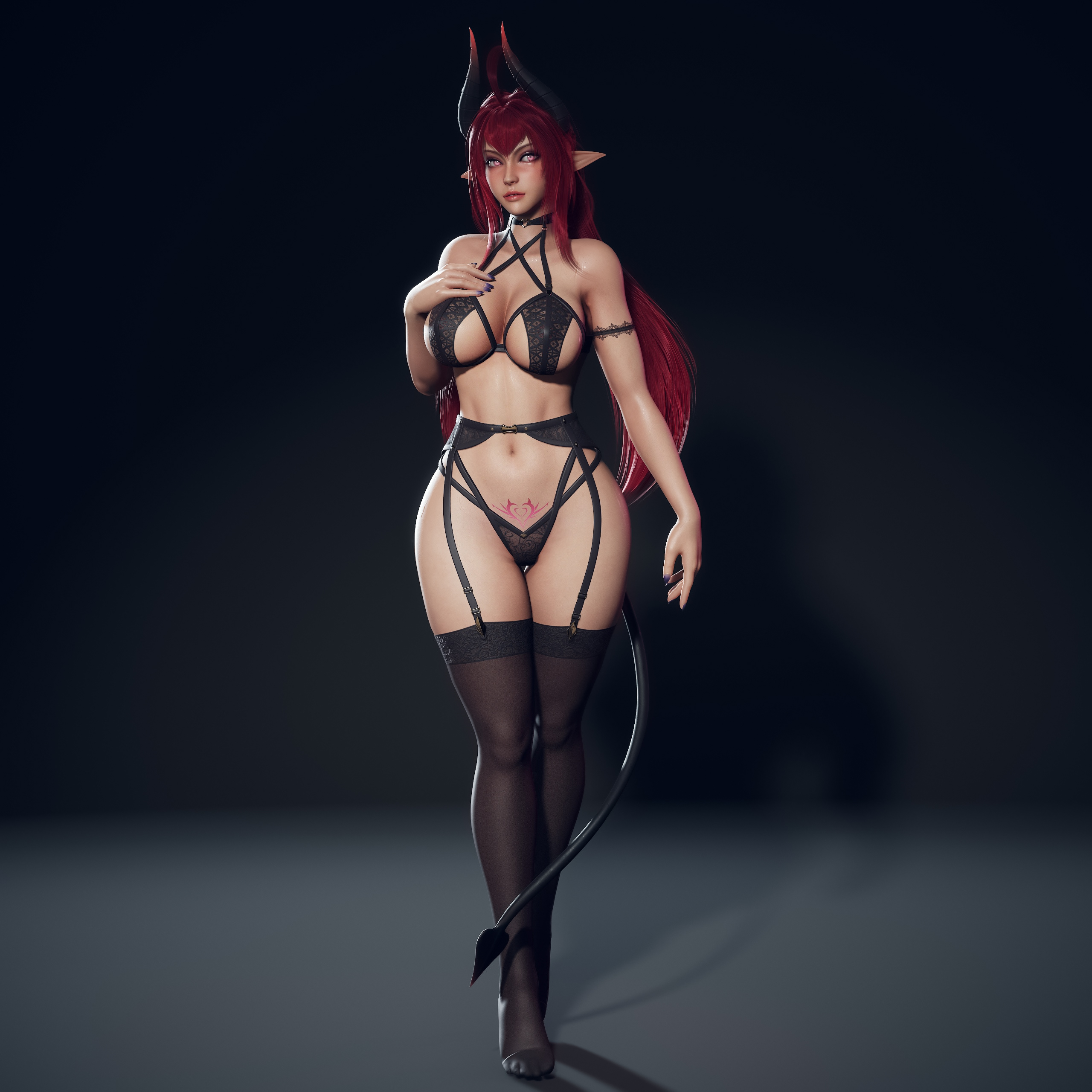 General 2560x2560 Ryan Reos CGI women horns demon girls lingerie straps tail redhead walking shadow